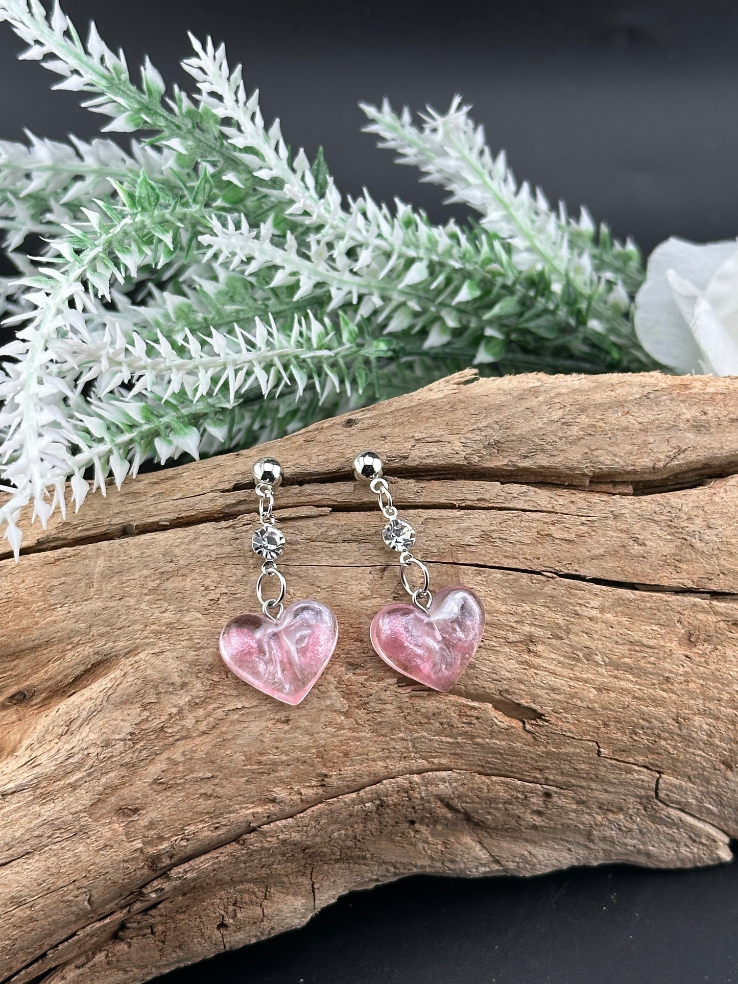 Tiny Pink Shimmer Resin Heart Earrings with Cubic Zirconia
