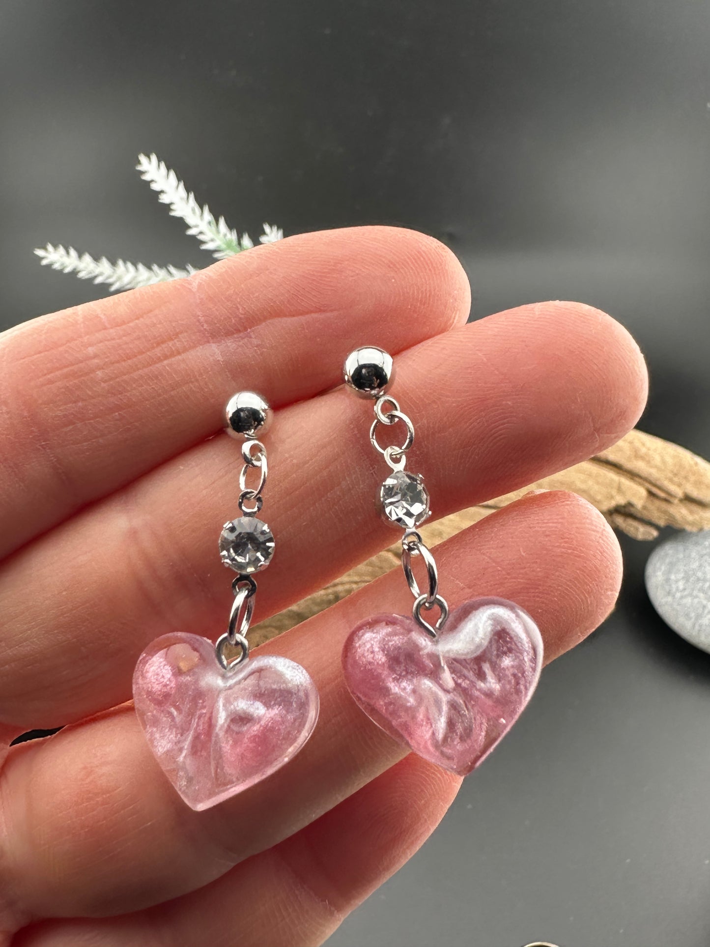 Tiny Pink Shimmer Resin Heart Earrings with Cubic Zirconia