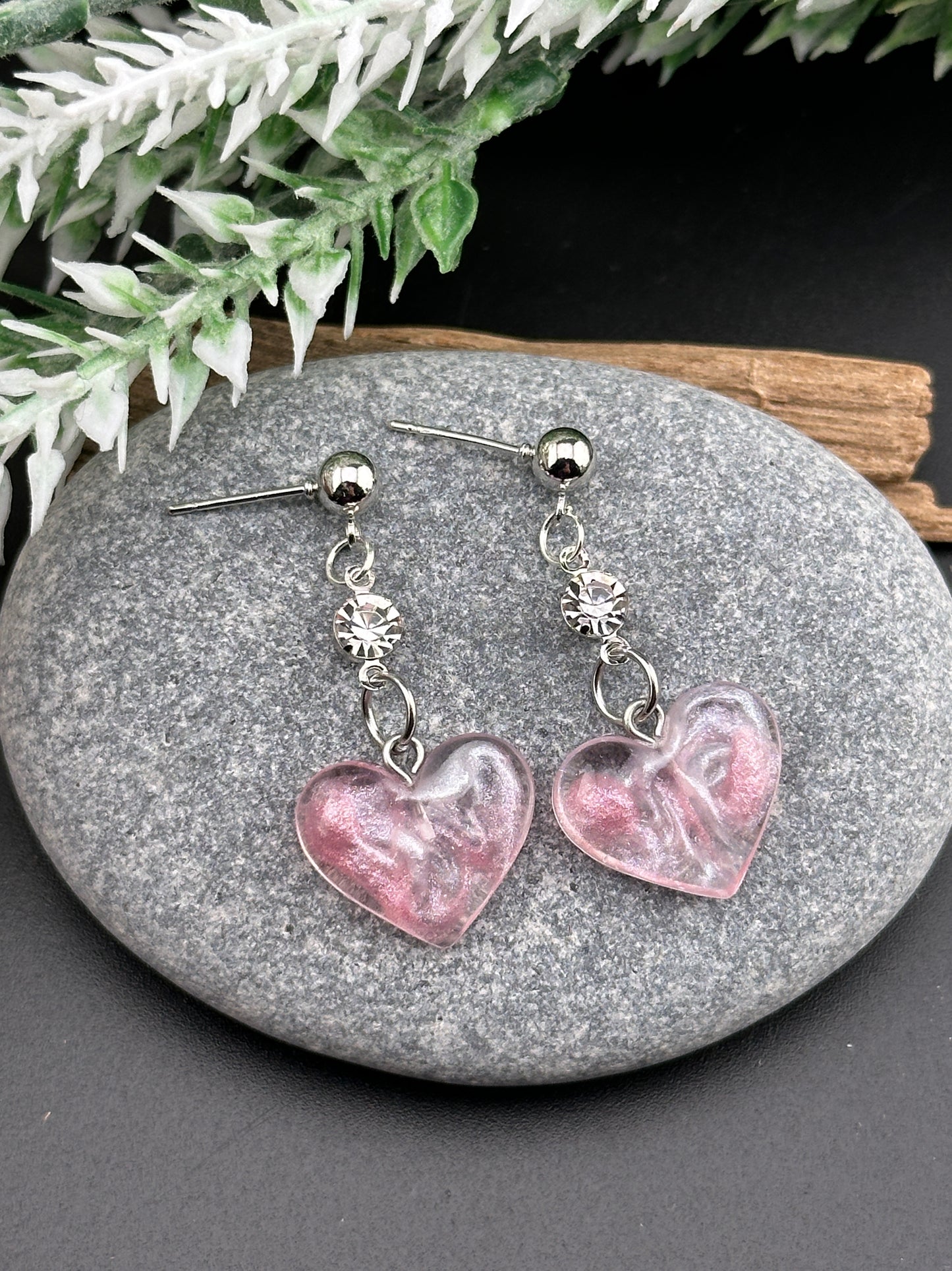 Tiny Pink Shimmer Resin Heart Earrings with Cubic Zirconia