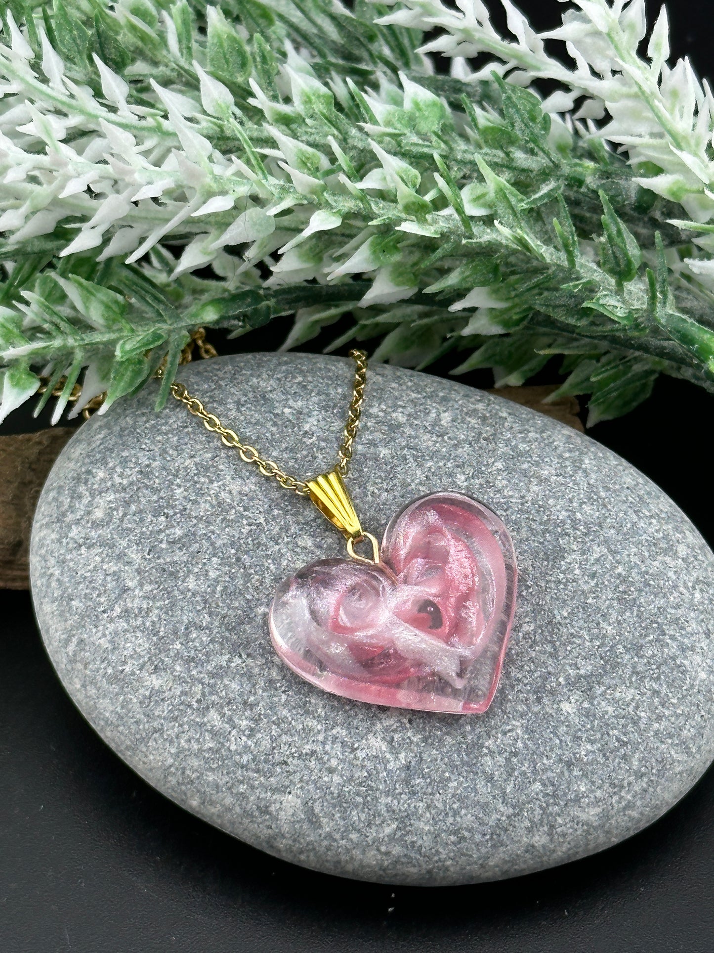 Pink Shimmer Resin Heart Pendant - Gold Chain