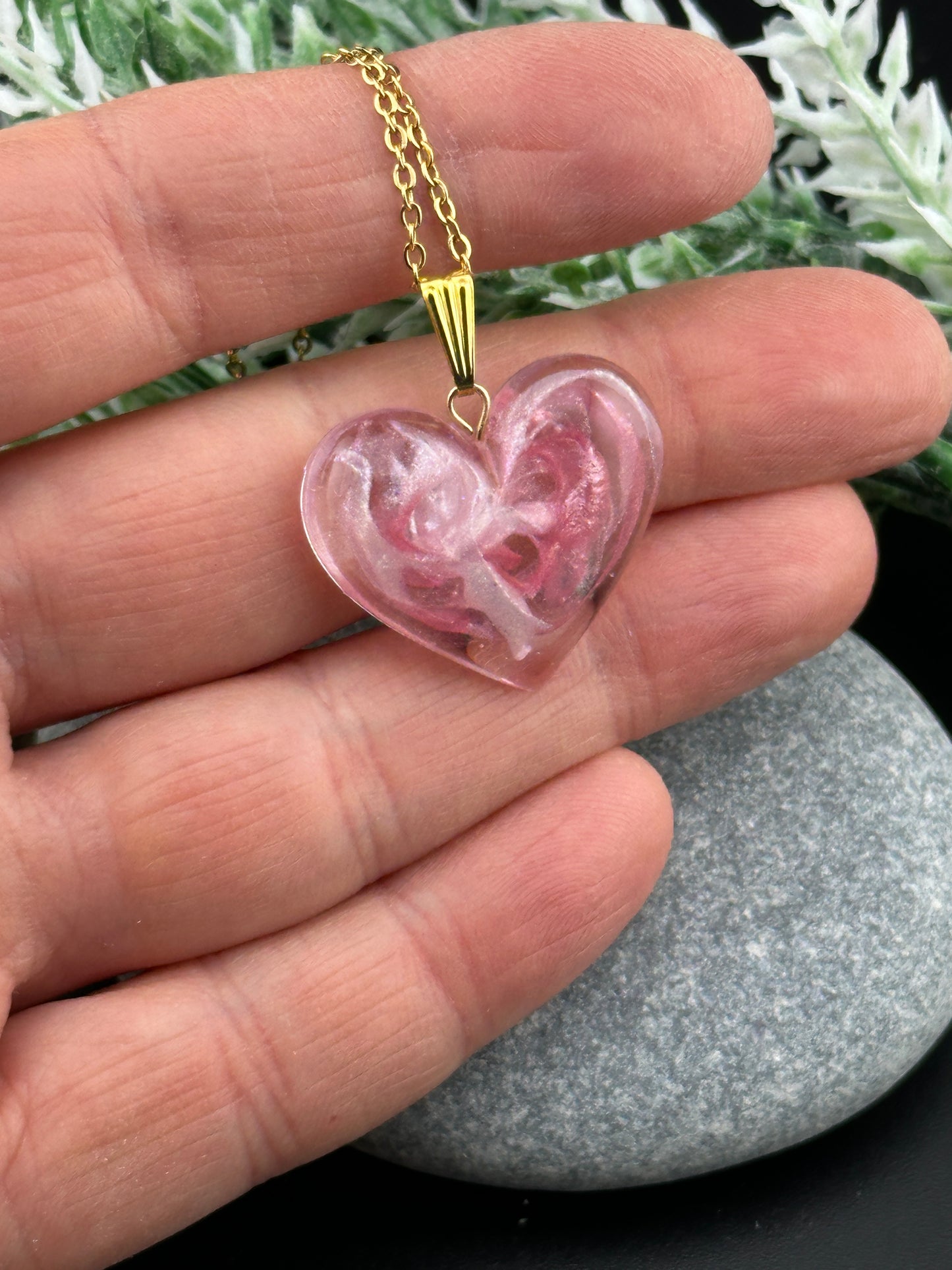 Pink Shimmer Resin Heart Pendant - Gold Chain
