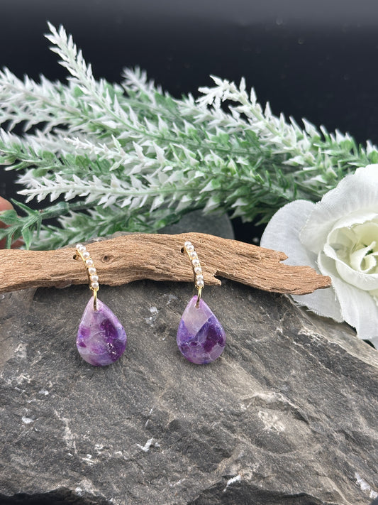 Violet Drop – Faux Amethyst & Pearl Post Earrings