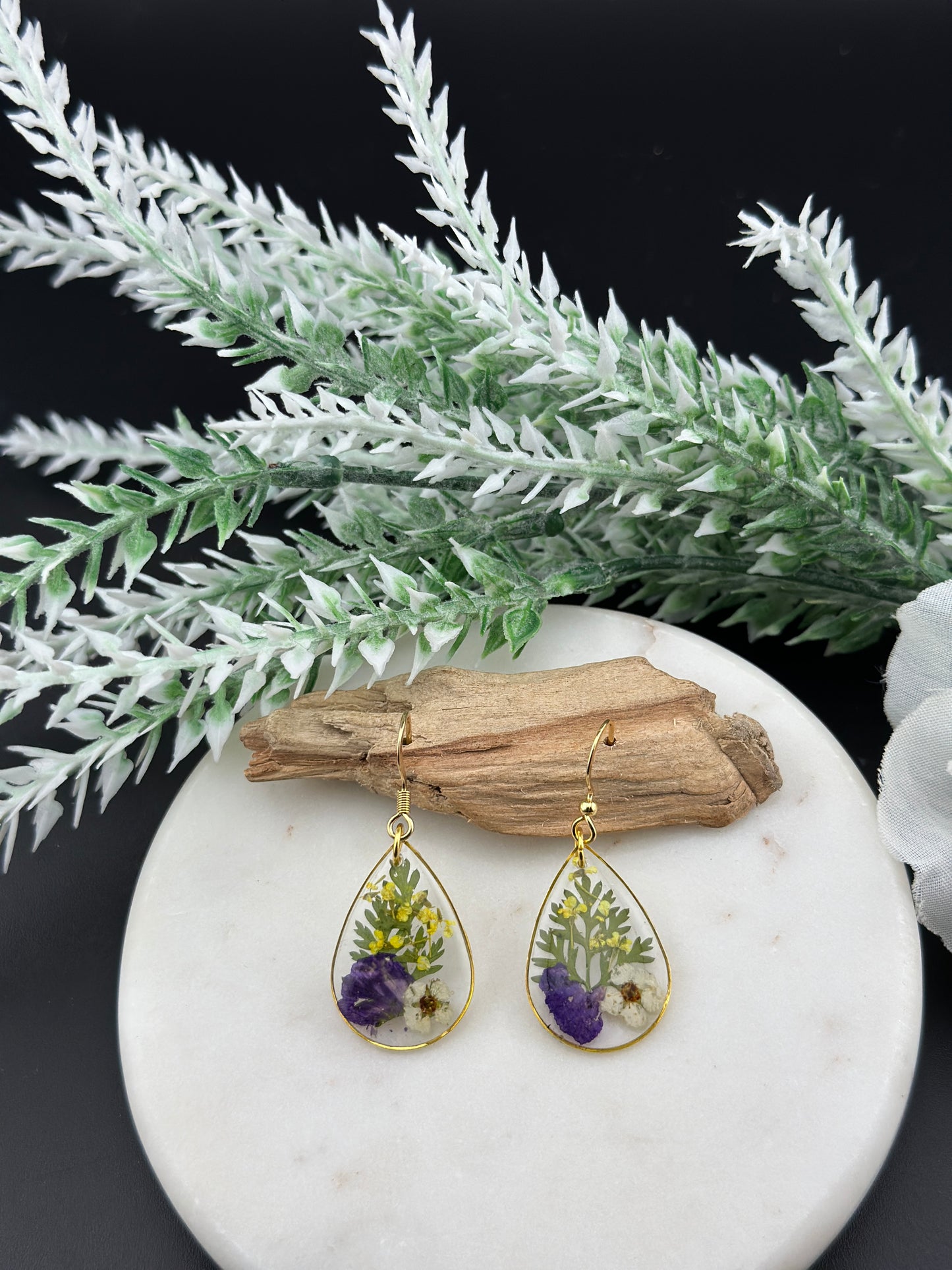 Whispers of the Garden – Teardrop Earrings with Real Flowers - Gold