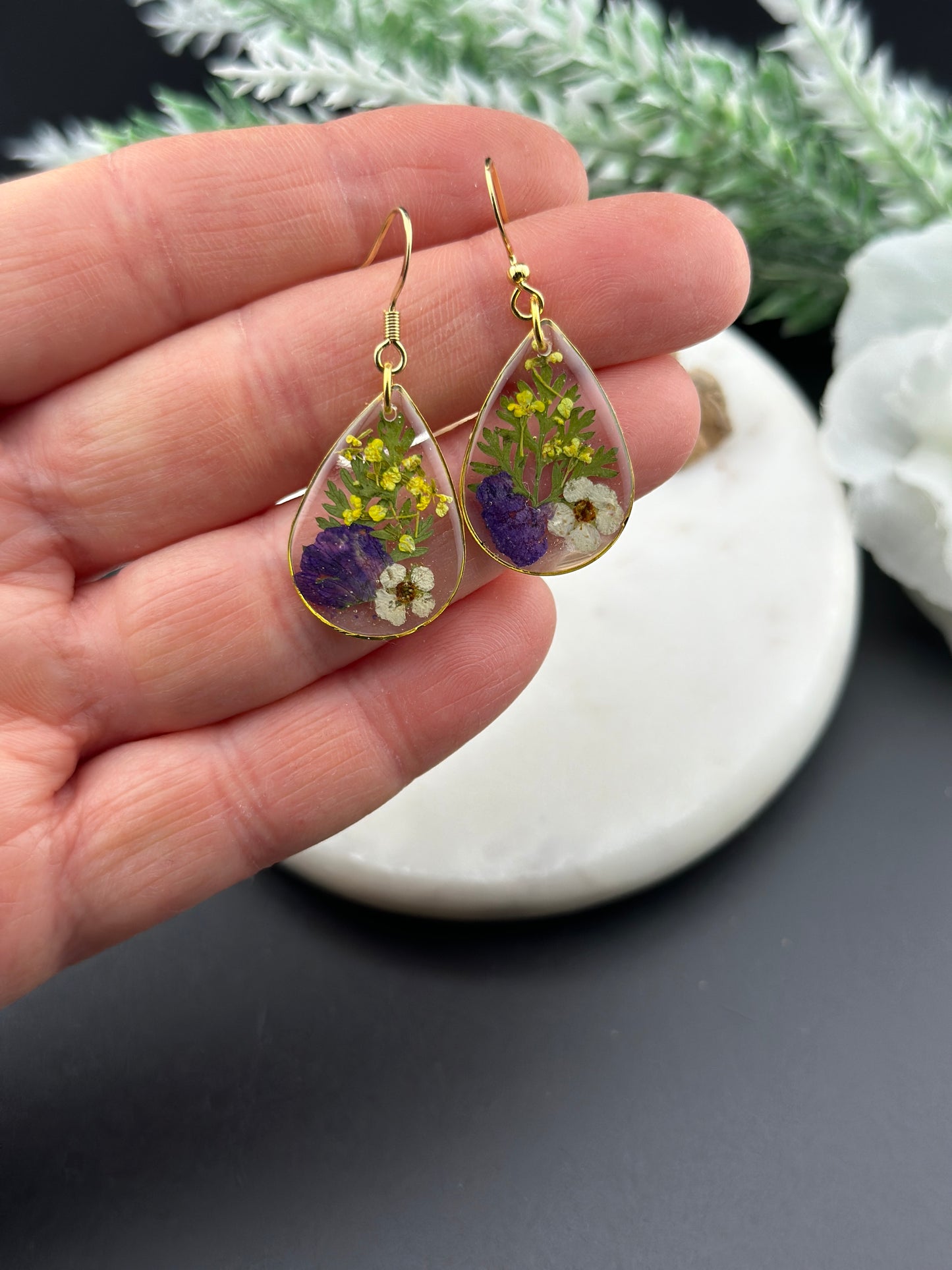 Whispers of the Garden – Teardrop Earrings with Real Flowers - Gold
