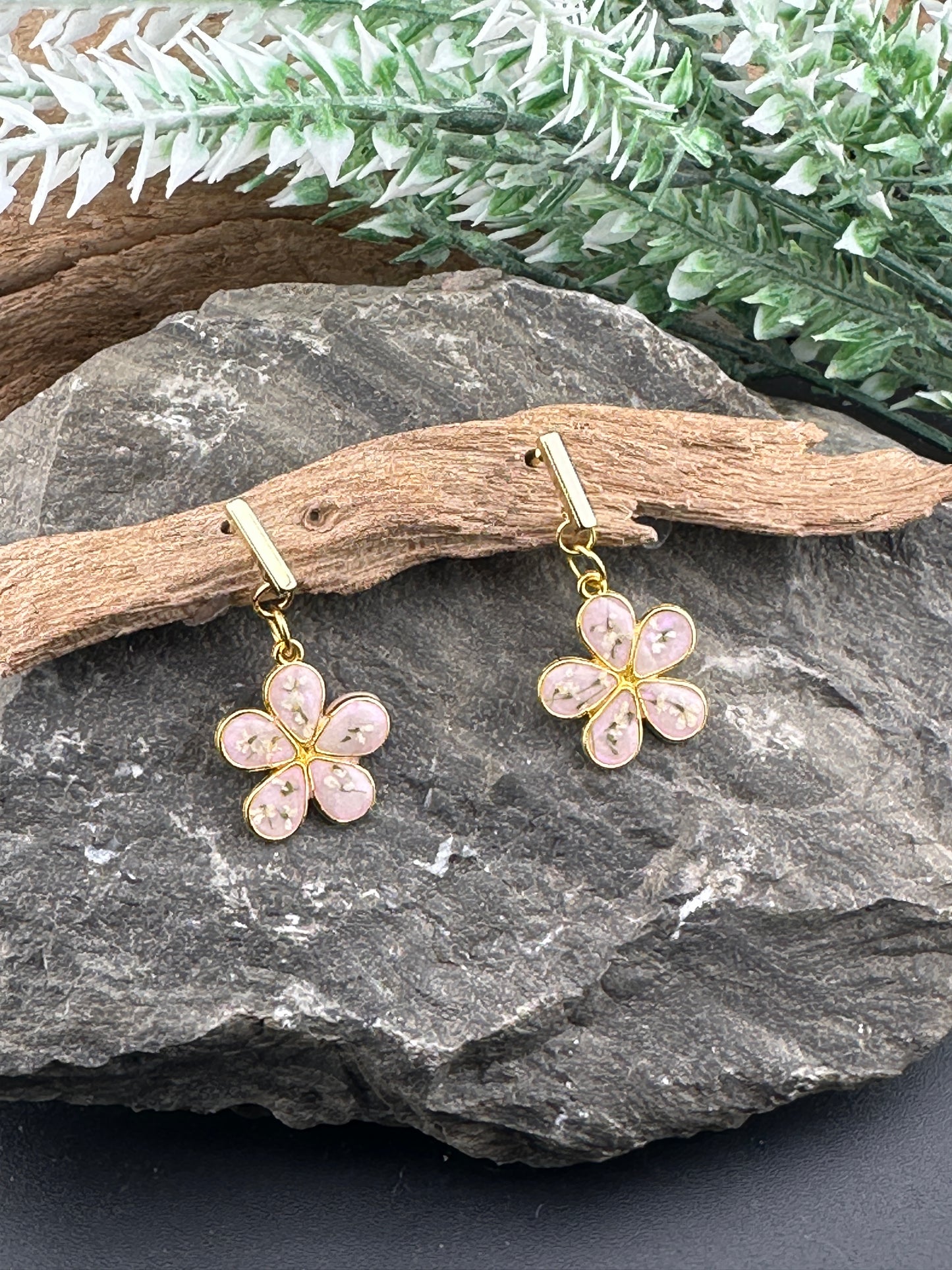 Blossom Petal Drop Earrings – Real Flower Inlay - Pink or Blue
