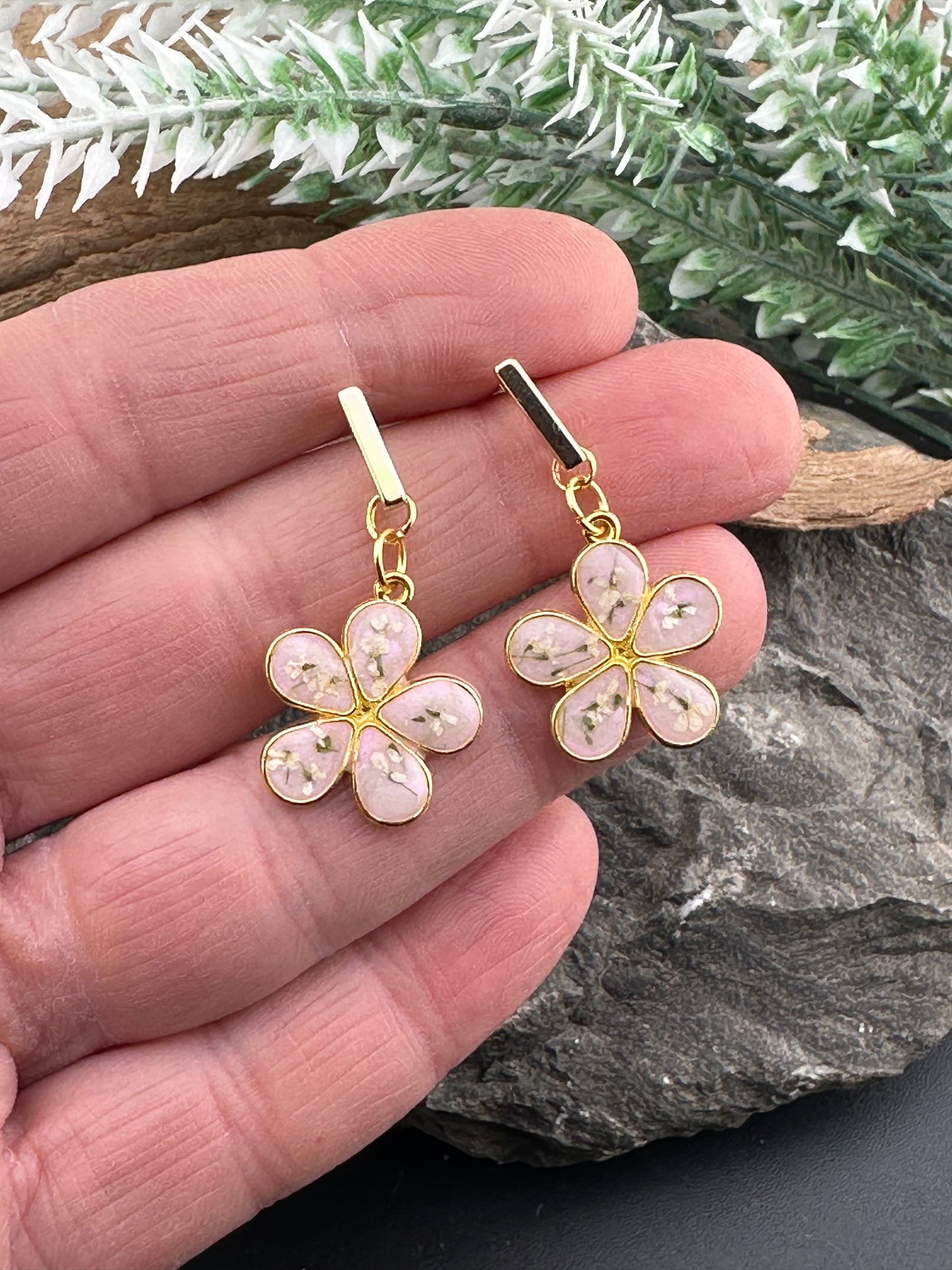 Blossom Petal Drop Earrings – Real Flower Inlay - Pink or Blue