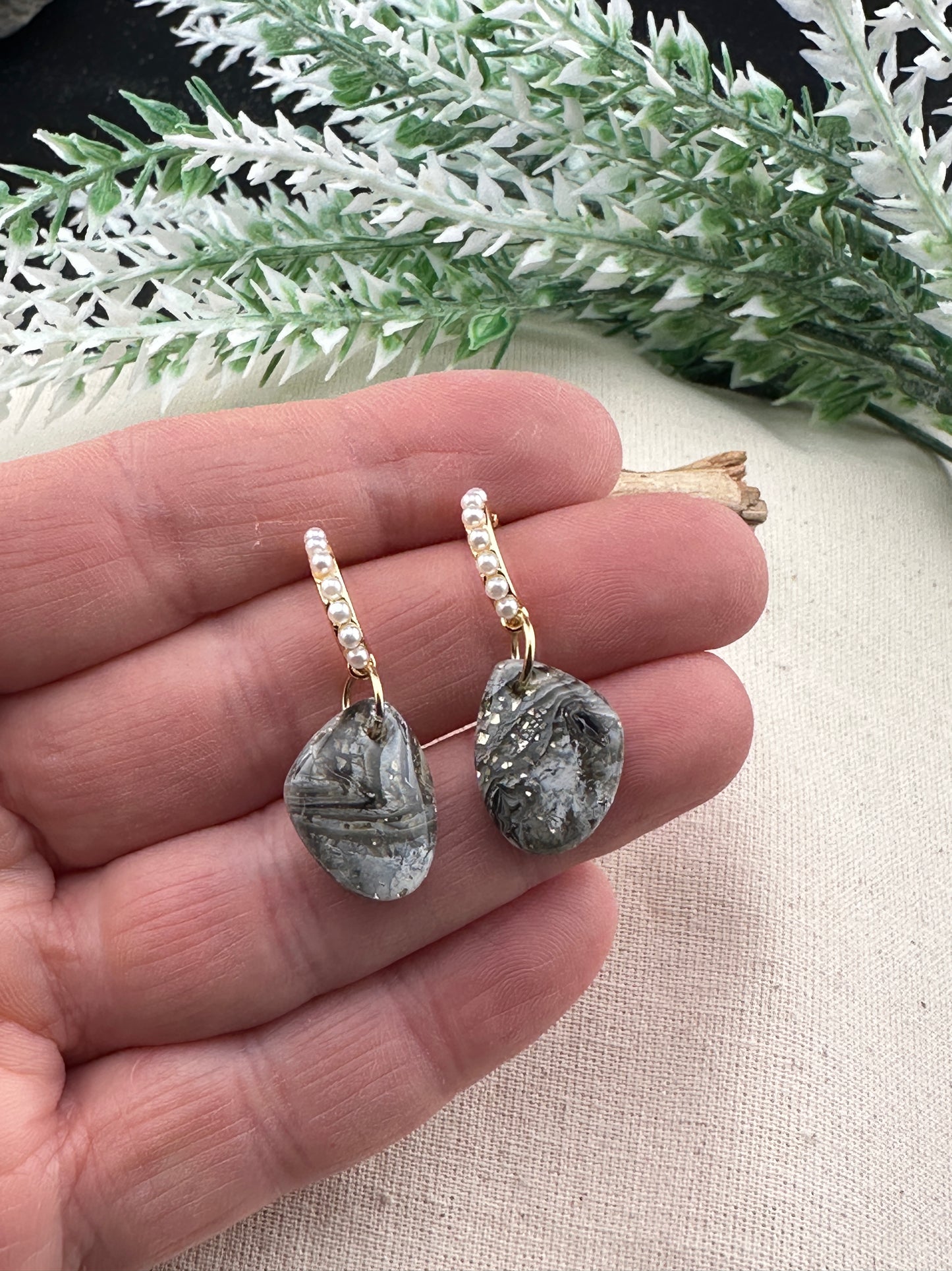 Celestial Noir – Crazy Lace Faux Agate & Pearl Earrings