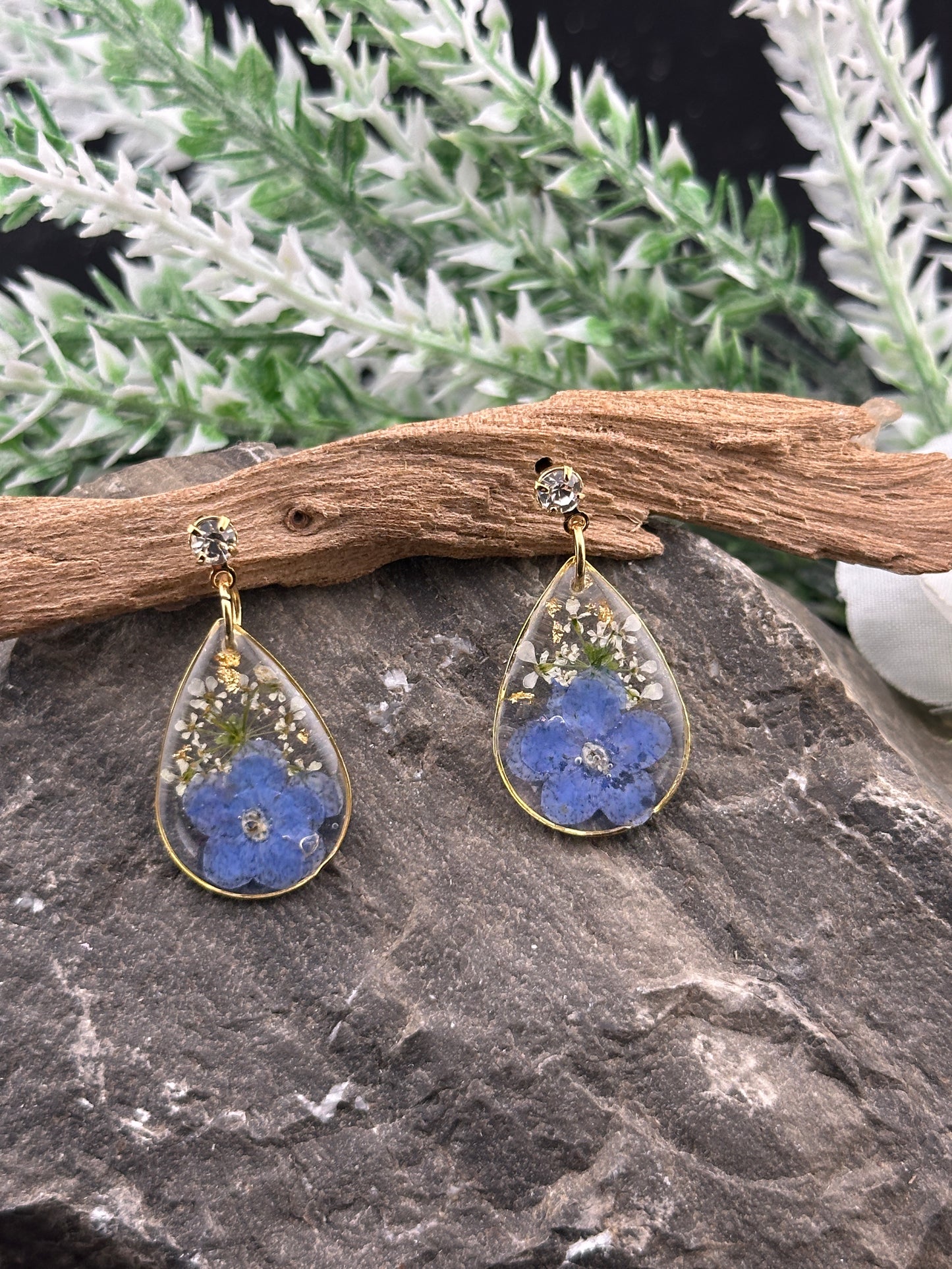 Forget-Me-Not Drop Earrings with Crystal Studs – Honouring Alzheimer’s Awareness