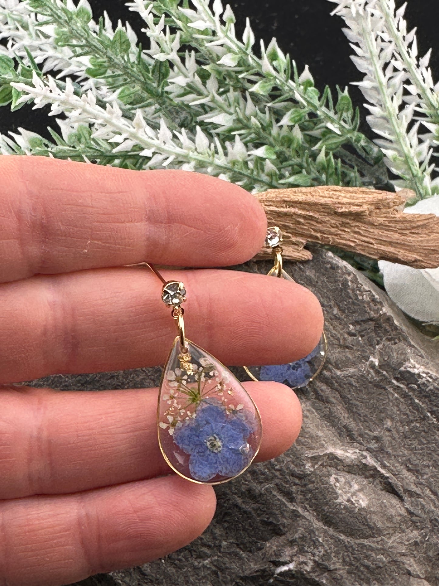 Forget-Me-Not Drop Earrings with Crystal Studs – Honouring Alzheimer’s Awareness