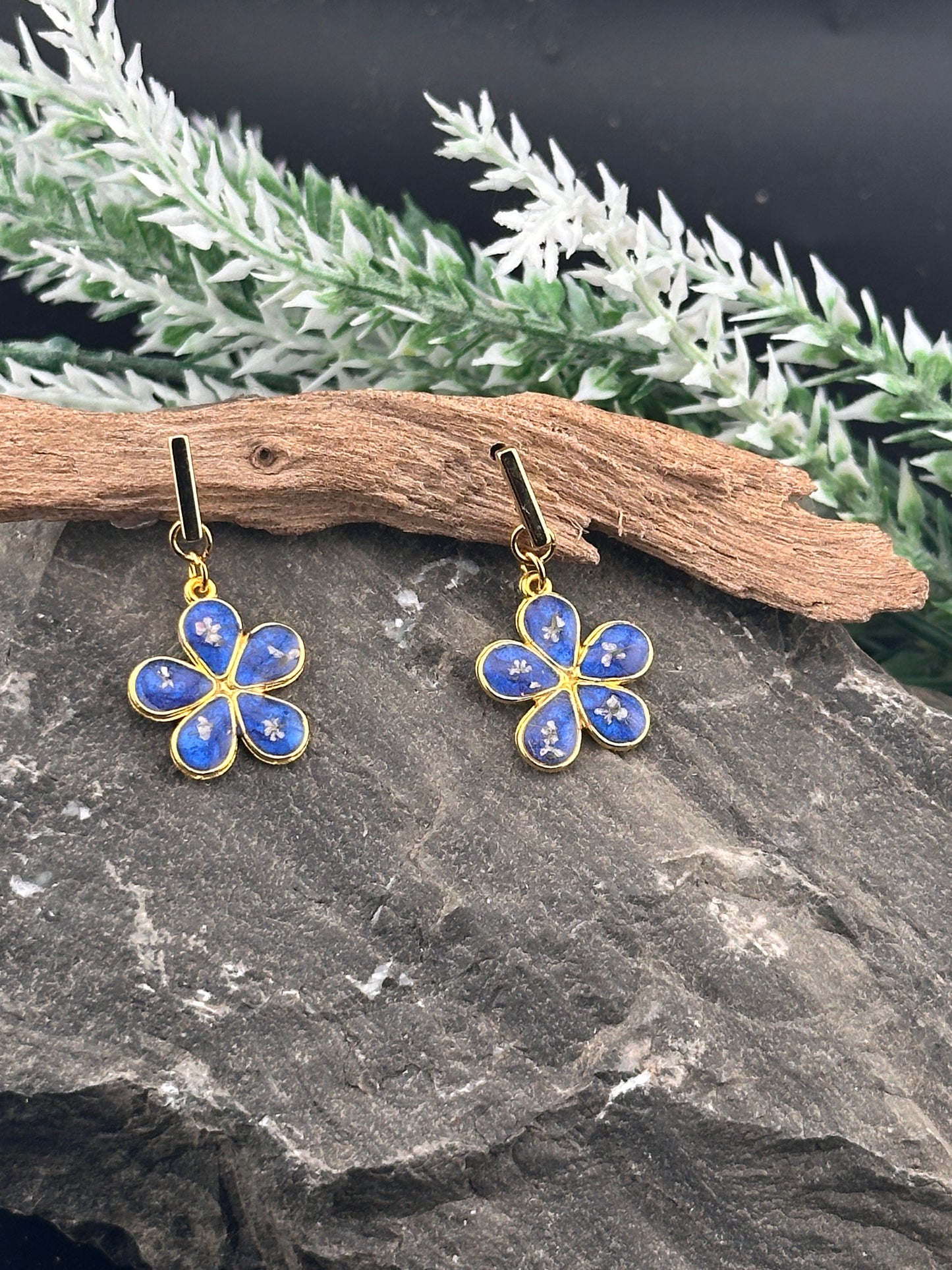 Blossom Petal Drop Earrings – Real Flower Inlay - Pink or Blue