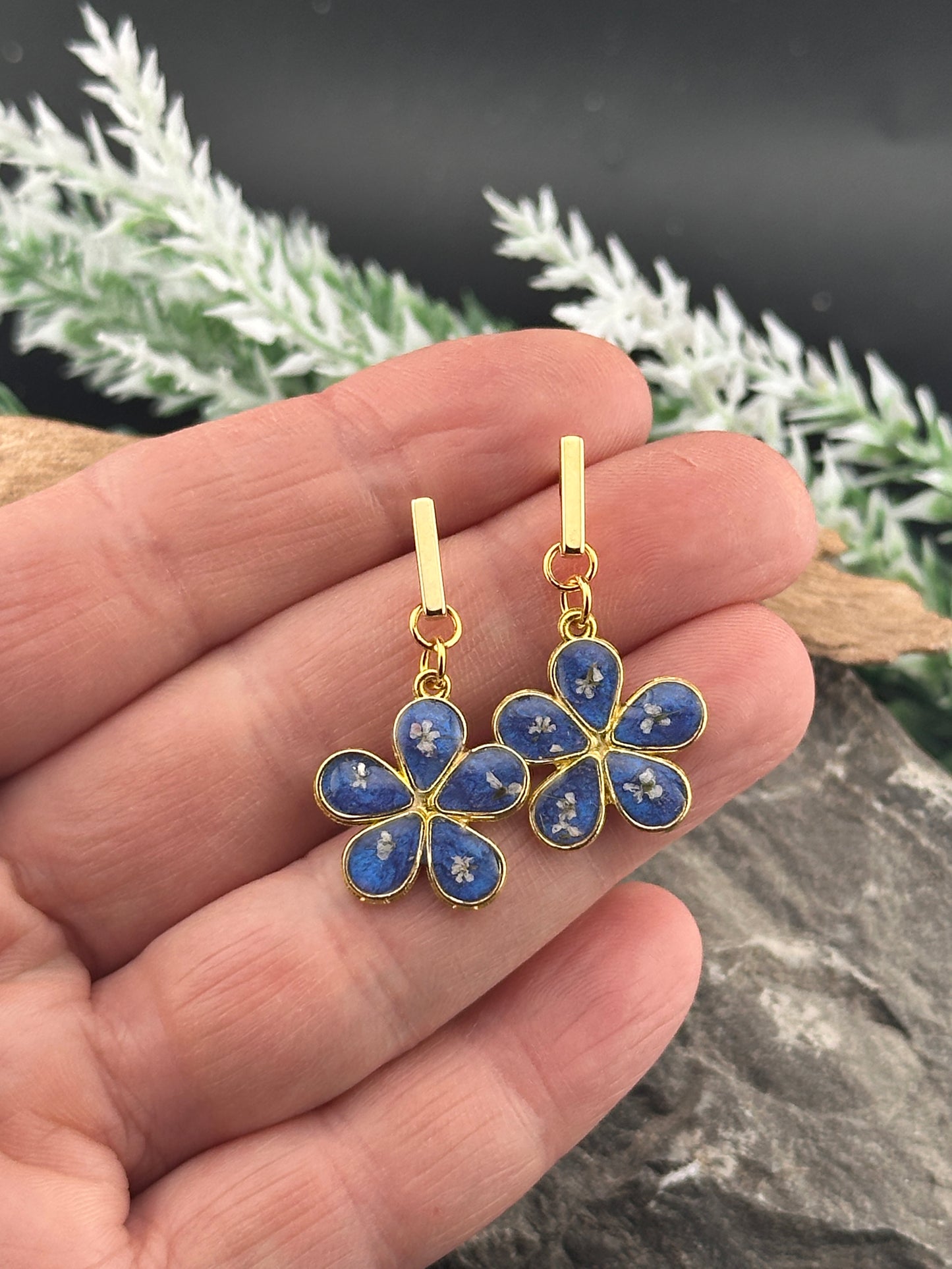 Blossom Petal Drop Earrings – Real Flower Inlay - Pink or Blue