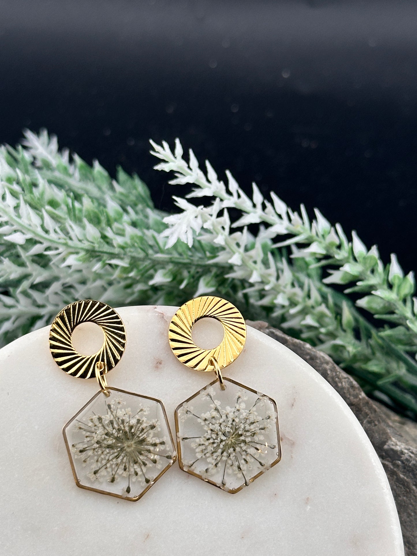 Golden Meadow – Real Flower Hexagon Drop Earrings