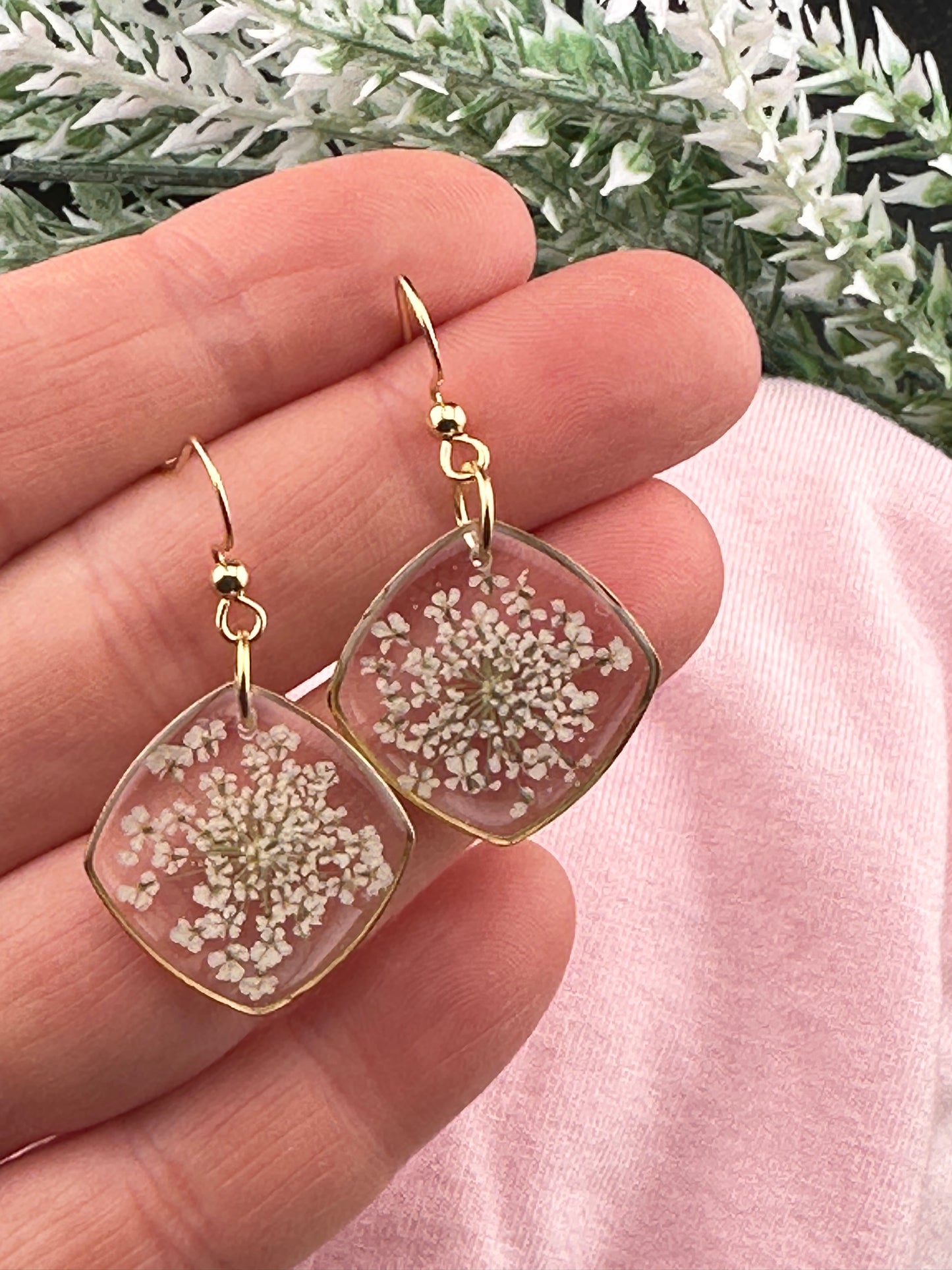 Golden Meadow – Real Flower Hexagon Drop Earrings