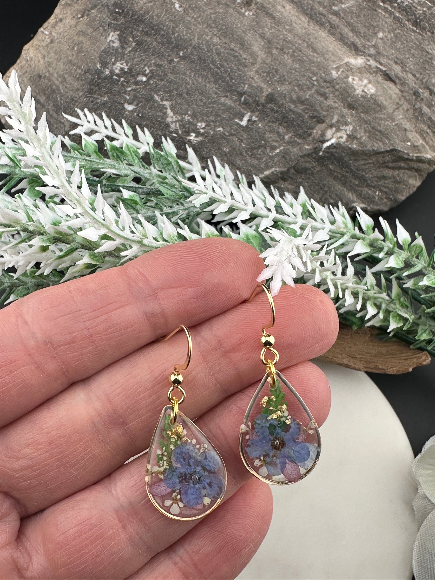 Garden Collection Teardrop Earrings with Forget-Me-Nots and Hydrangeas
