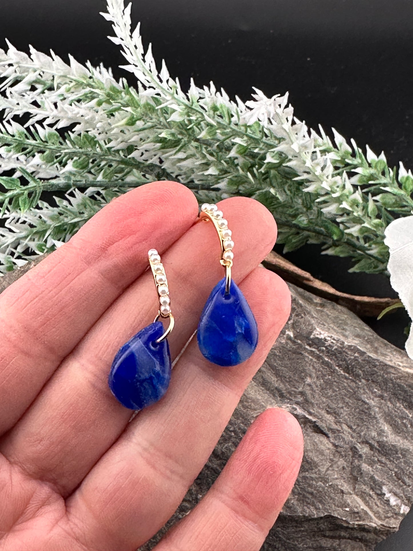 Ocean at Midnight – Faux Sapphire & Pearl Post Earrings