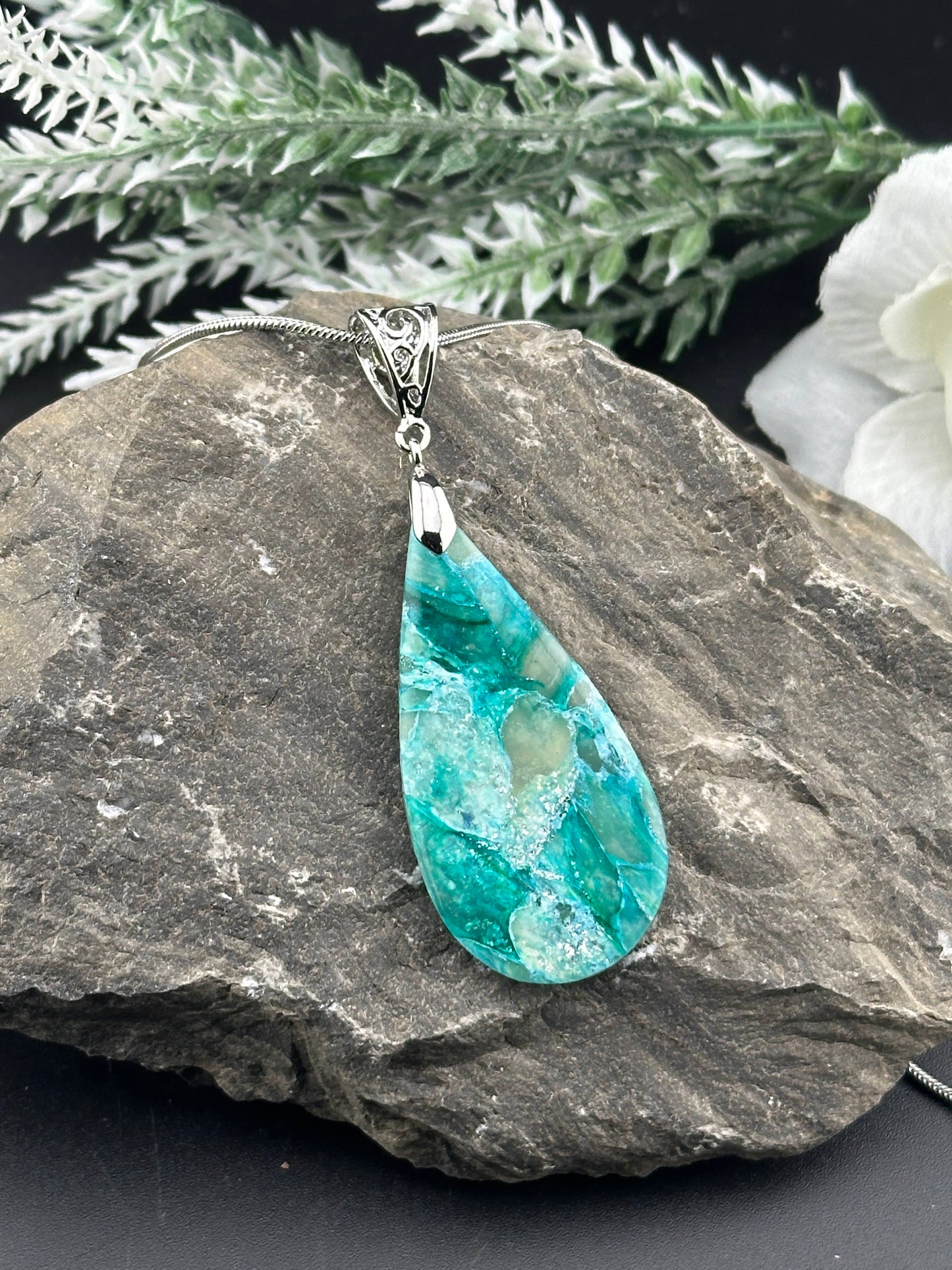 Larimar-Inspired Teardrop Pendant – Handcrafted Ocean Beauty