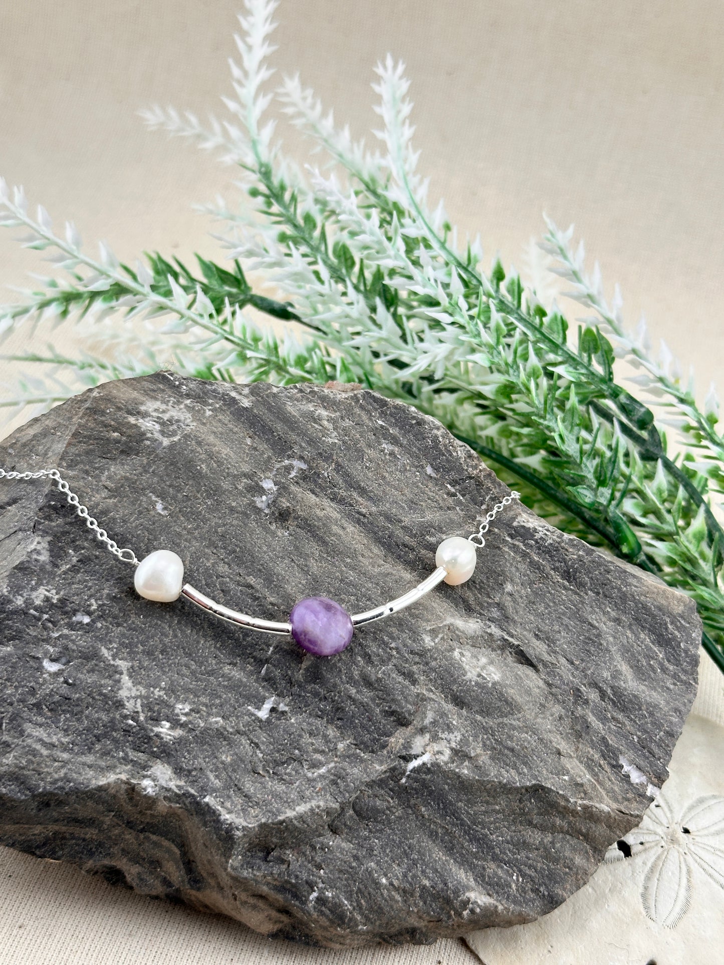 Amethyst & Pearl Whisper Necklace – Sterling Silver