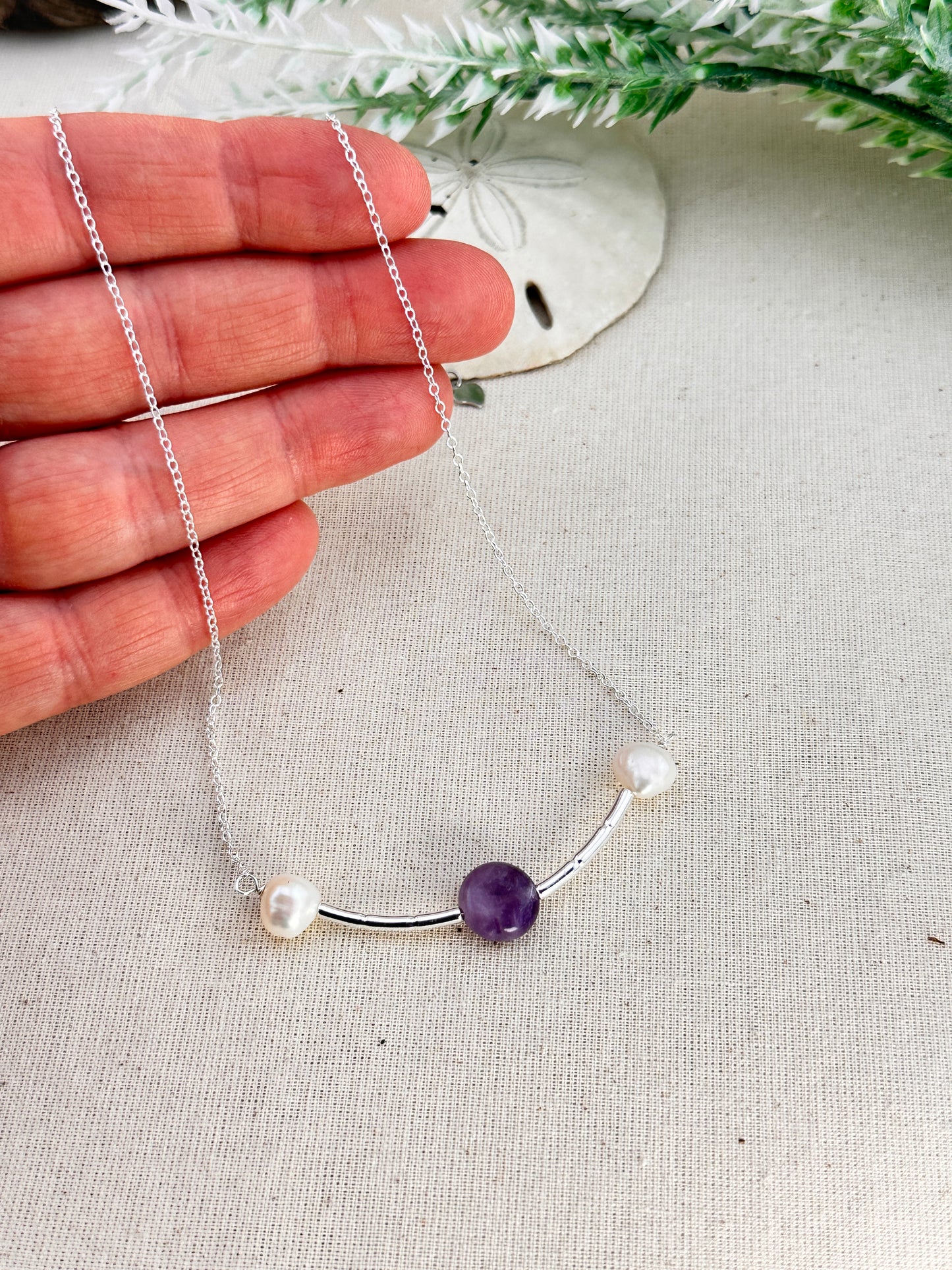 Amethyst & Pearl Whisper Necklace – Sterling Silver