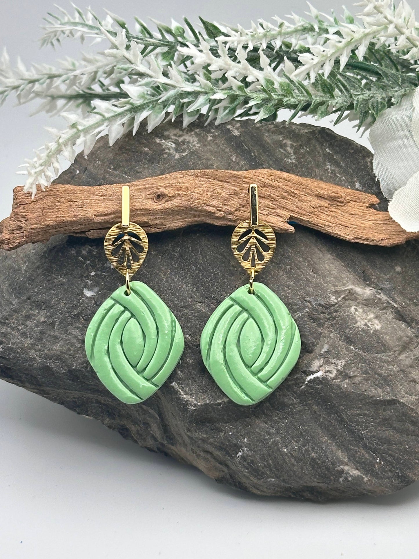 Sage Green and Gold Leaf, Glam Polymer Clay Earrings