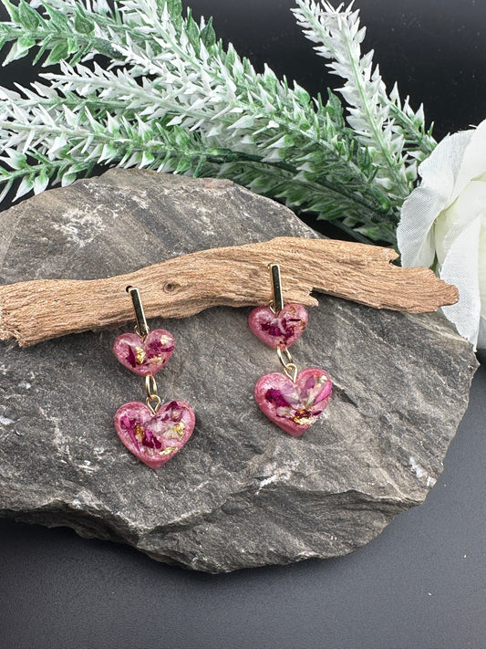 Pink Resin Heart Earrings with Real Flowers, Rose Petals, and Gold Accents