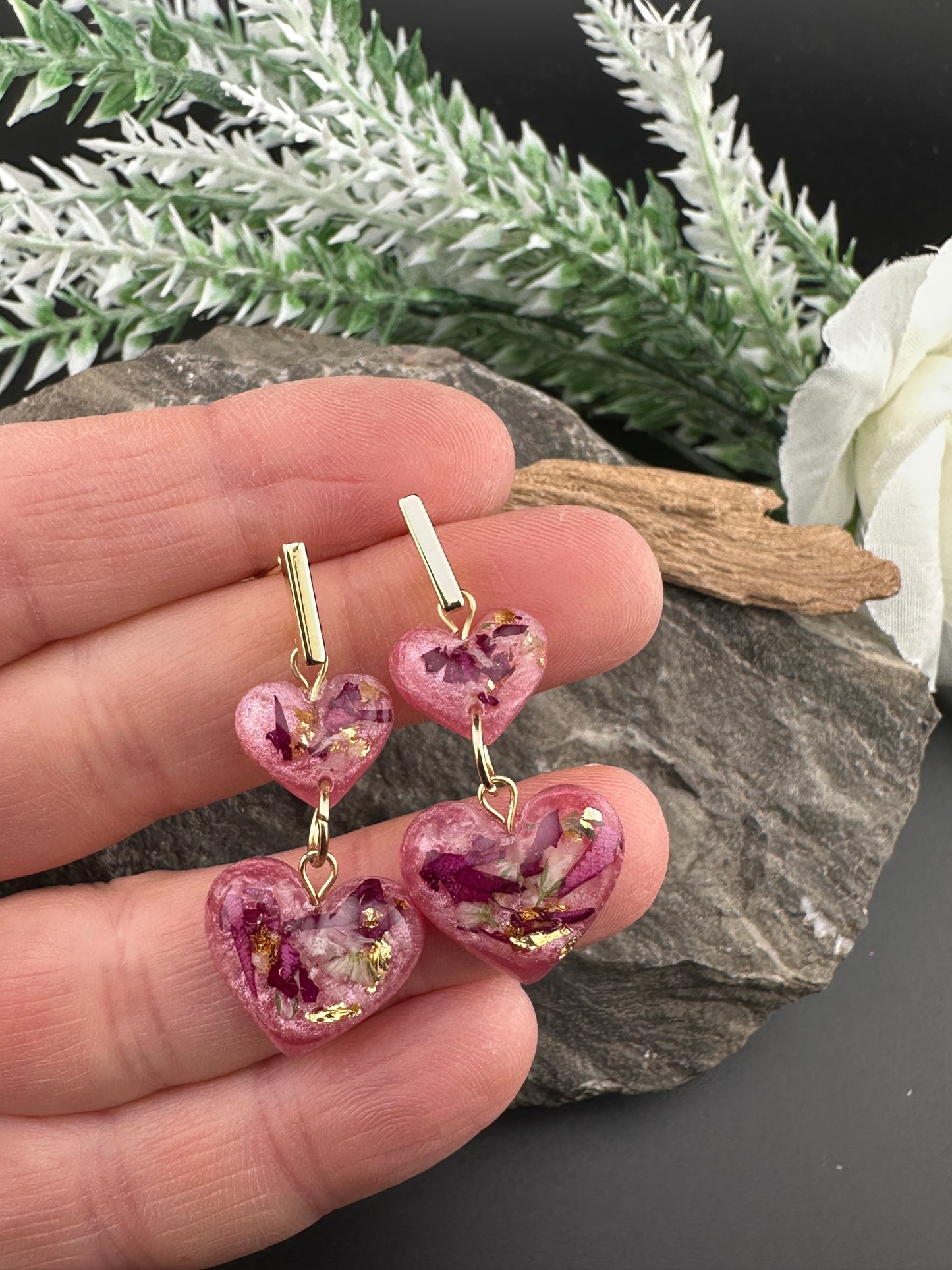 Pink Resin Heart Earrings with Real Flowers, Rose Petals, and Gold Accents