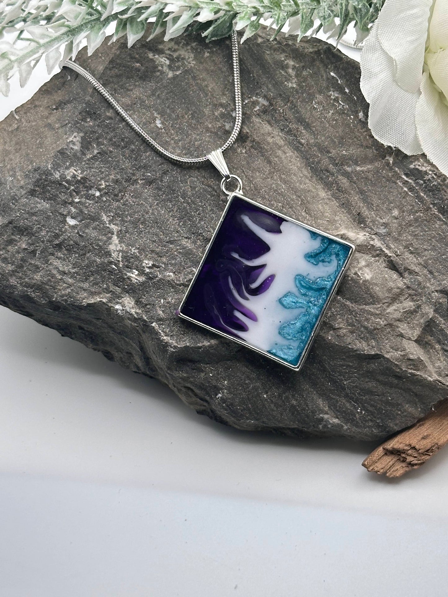 Abstract Purple and Turquoise Diamond Shaped  Resin Necklace