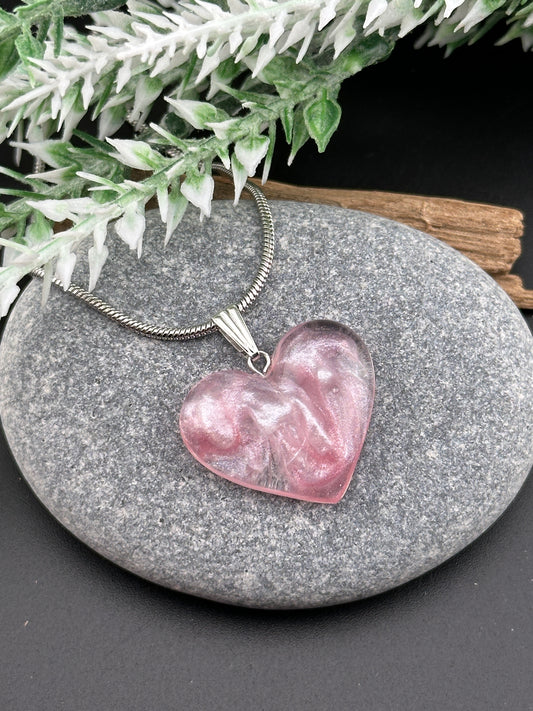 Pink Shimmer Resin Heart Pendant - Gold or Silver Chain