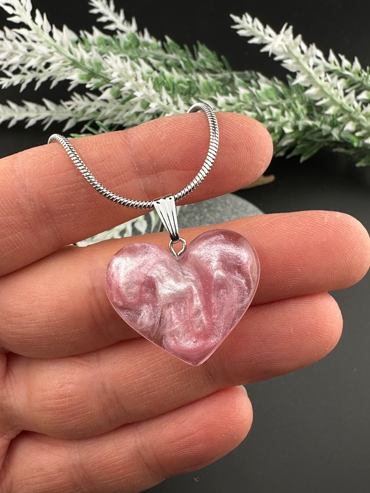 Pink Shimmer Resin Heart Pendant - Gold or Silver Chain