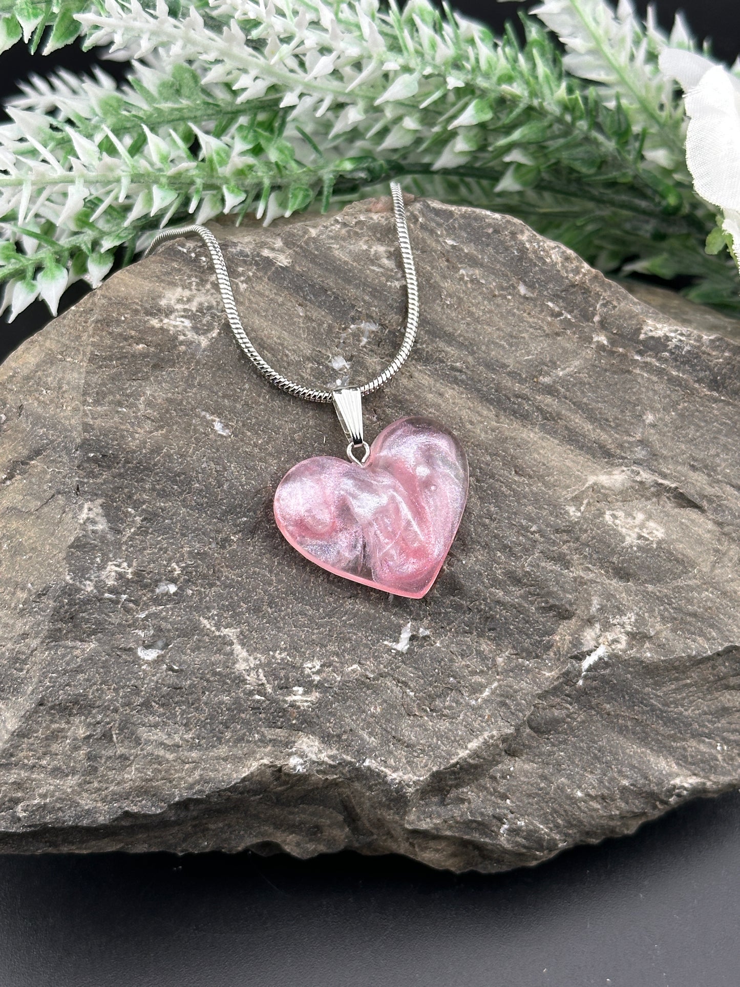 Pink Shimmer Resin Heart Pendant - Gold or Silver Chain