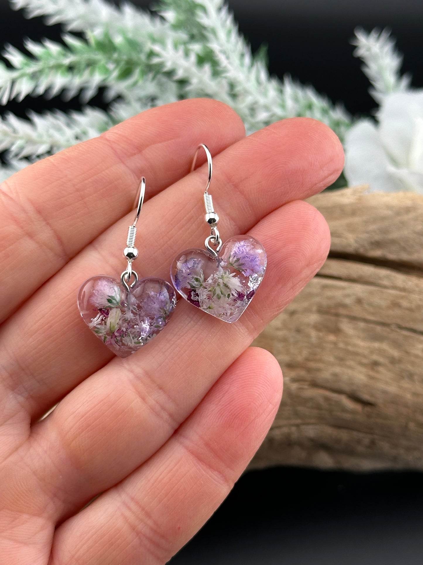 Heart-Shaped Floral Resin Earrings with Real Rose Petals