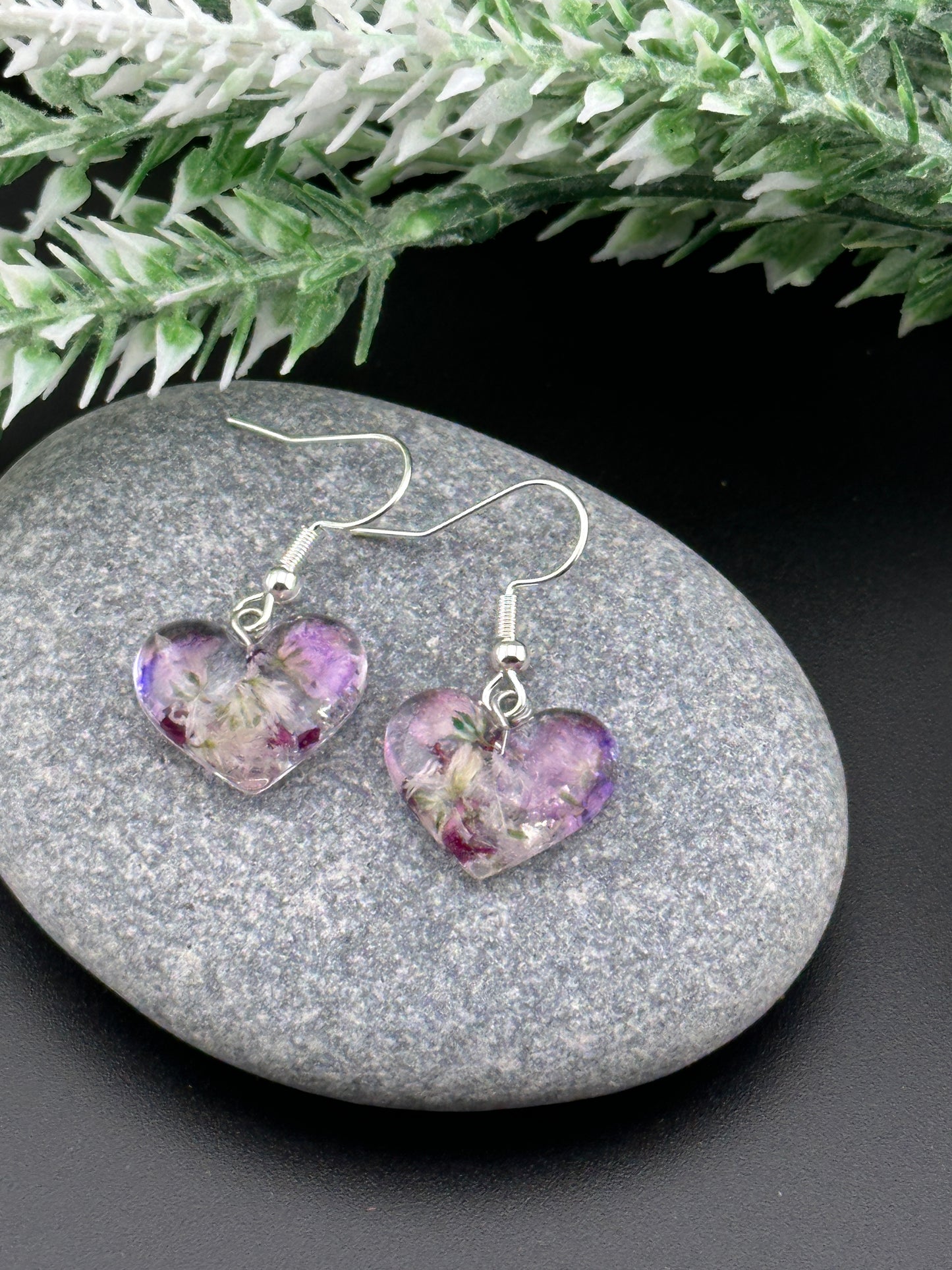 Heart-Shaped Floral Resin Earrings with Real Rose Petals