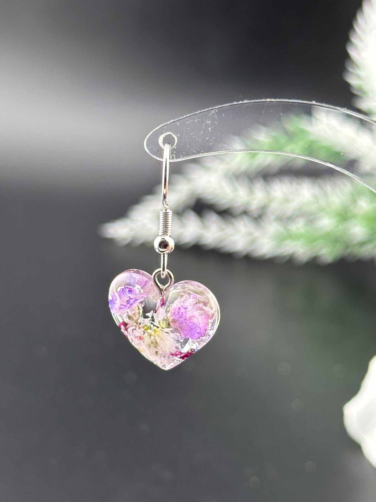 Heart-Shaped Floral Resin Earrings with Real Rose Petals