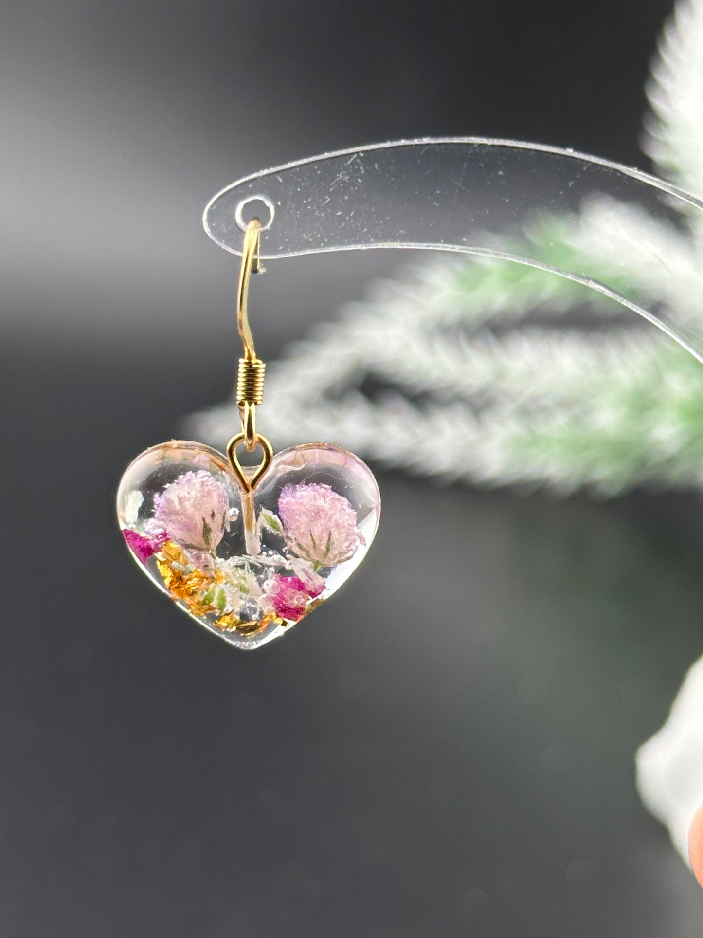 Heart-Shaped Floral Resin Earrings with Real Rose Petals