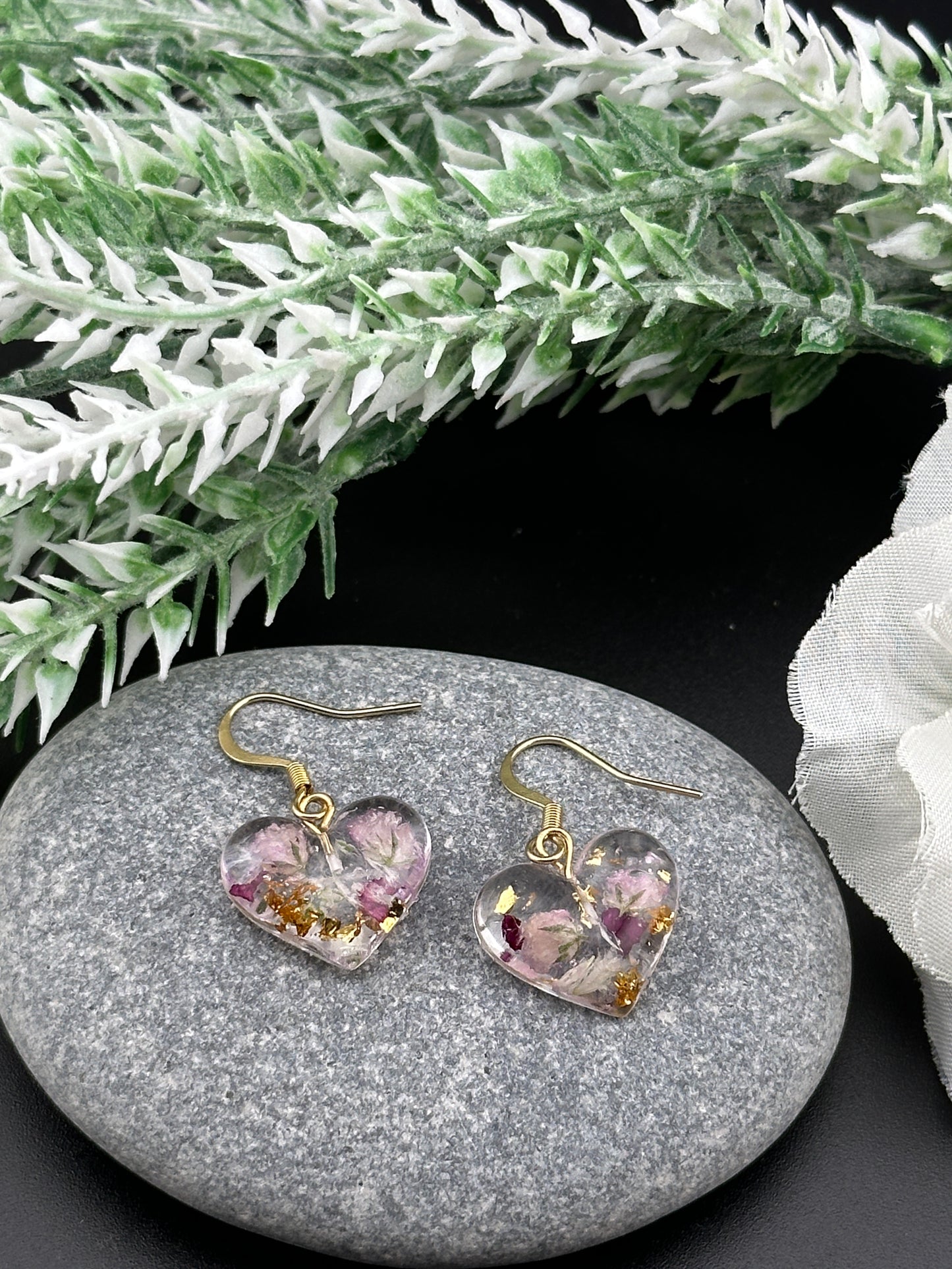 Heart-Shaped Floral Resin Earrings with Real Rose Petals