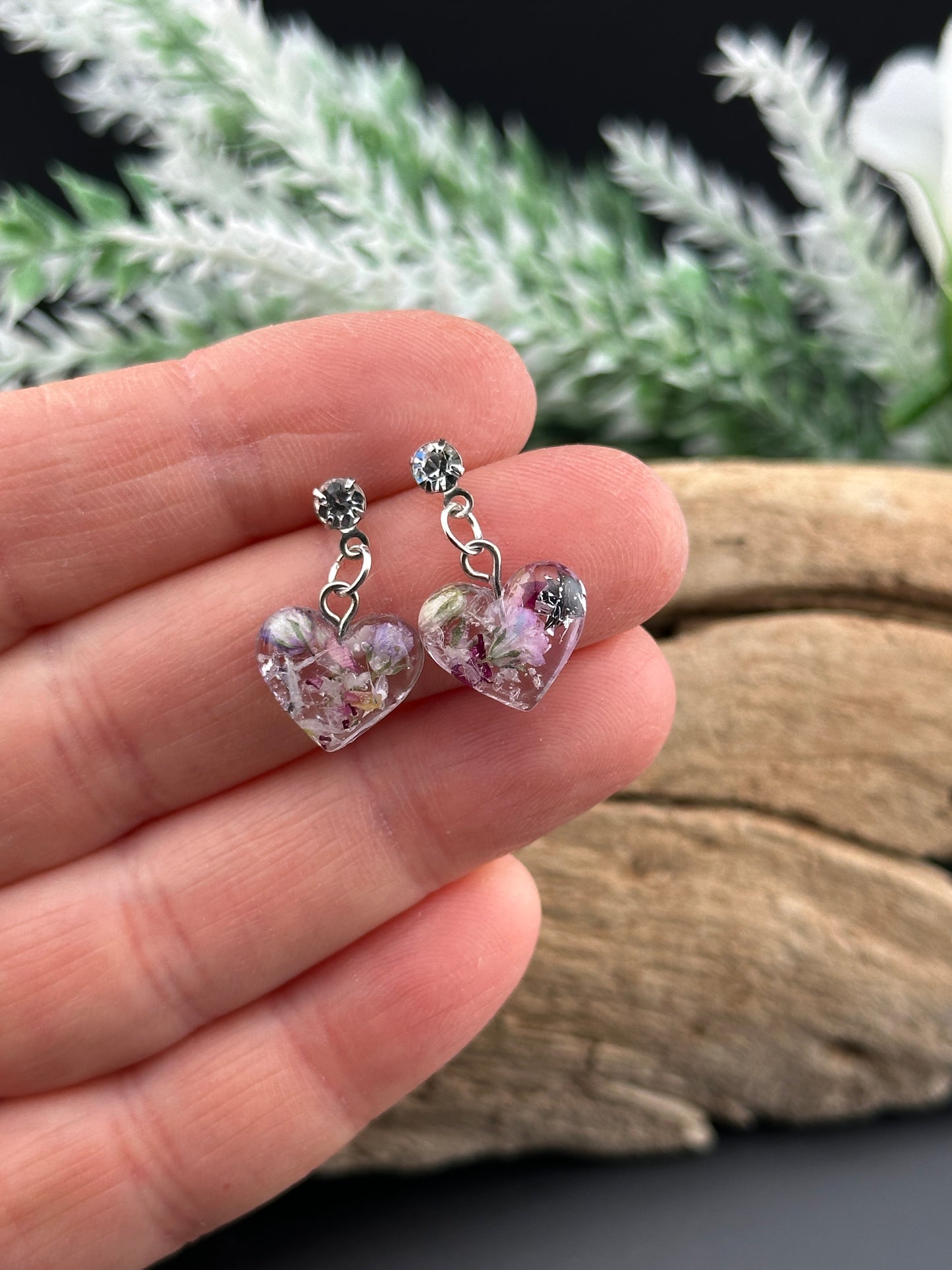 Tiny Romantic Heart Earrings with Real Rose Petals - Gold or Silver