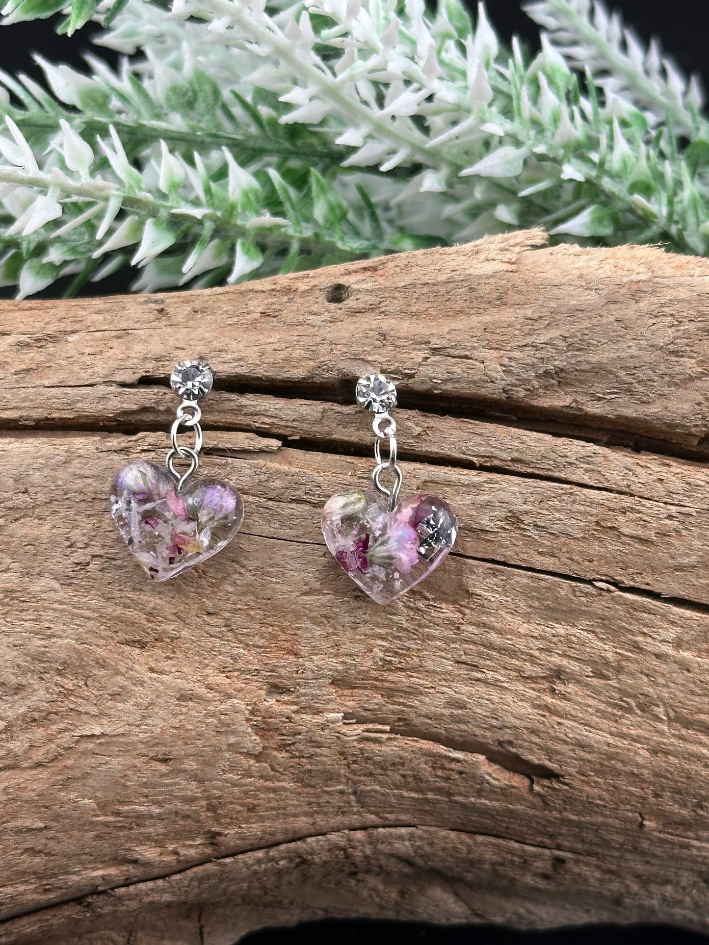 Tiny Romantic Heart Earrings with Real Rose Petals - Gold or Silver