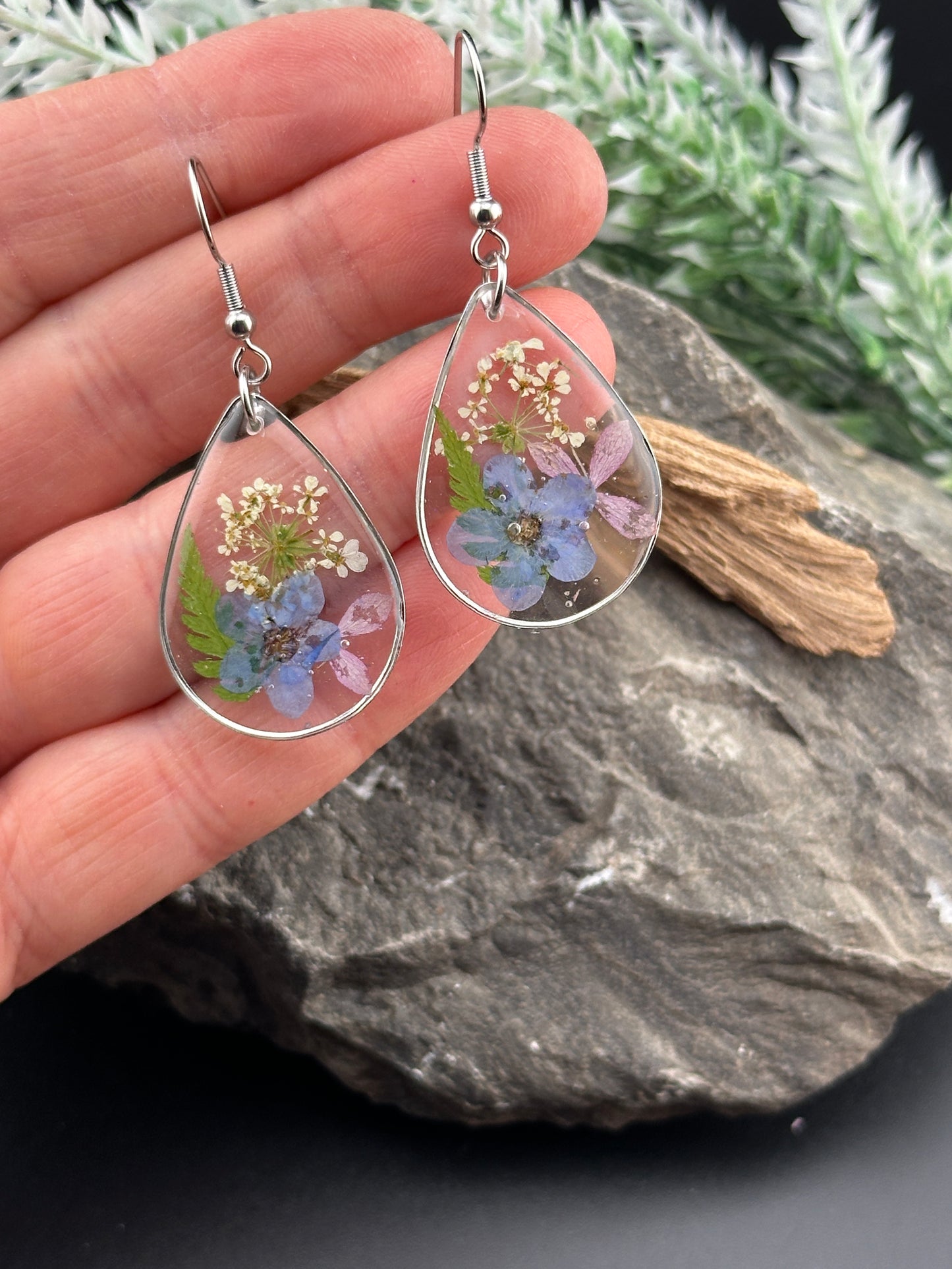 Garden Collection Silver -Teardrop Earrings with Forget-Me-Nots