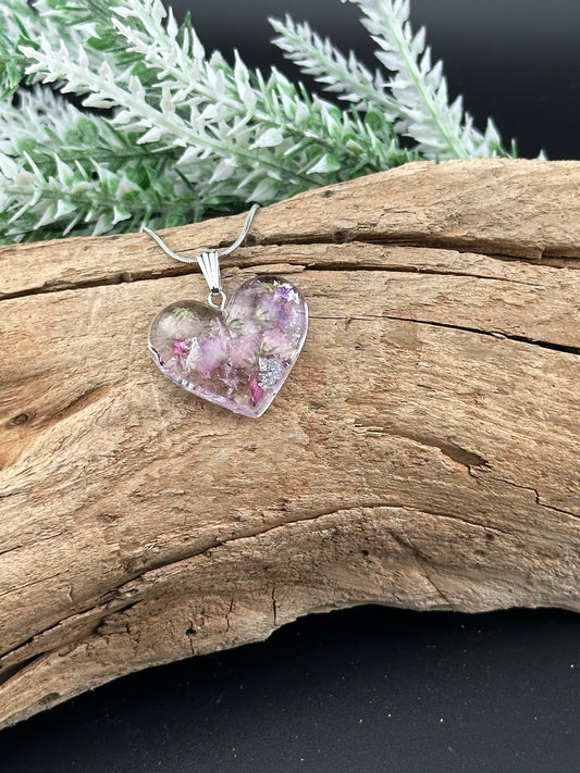 Romantic Heart Pendant with Real Rose Petals and Baby's Breath