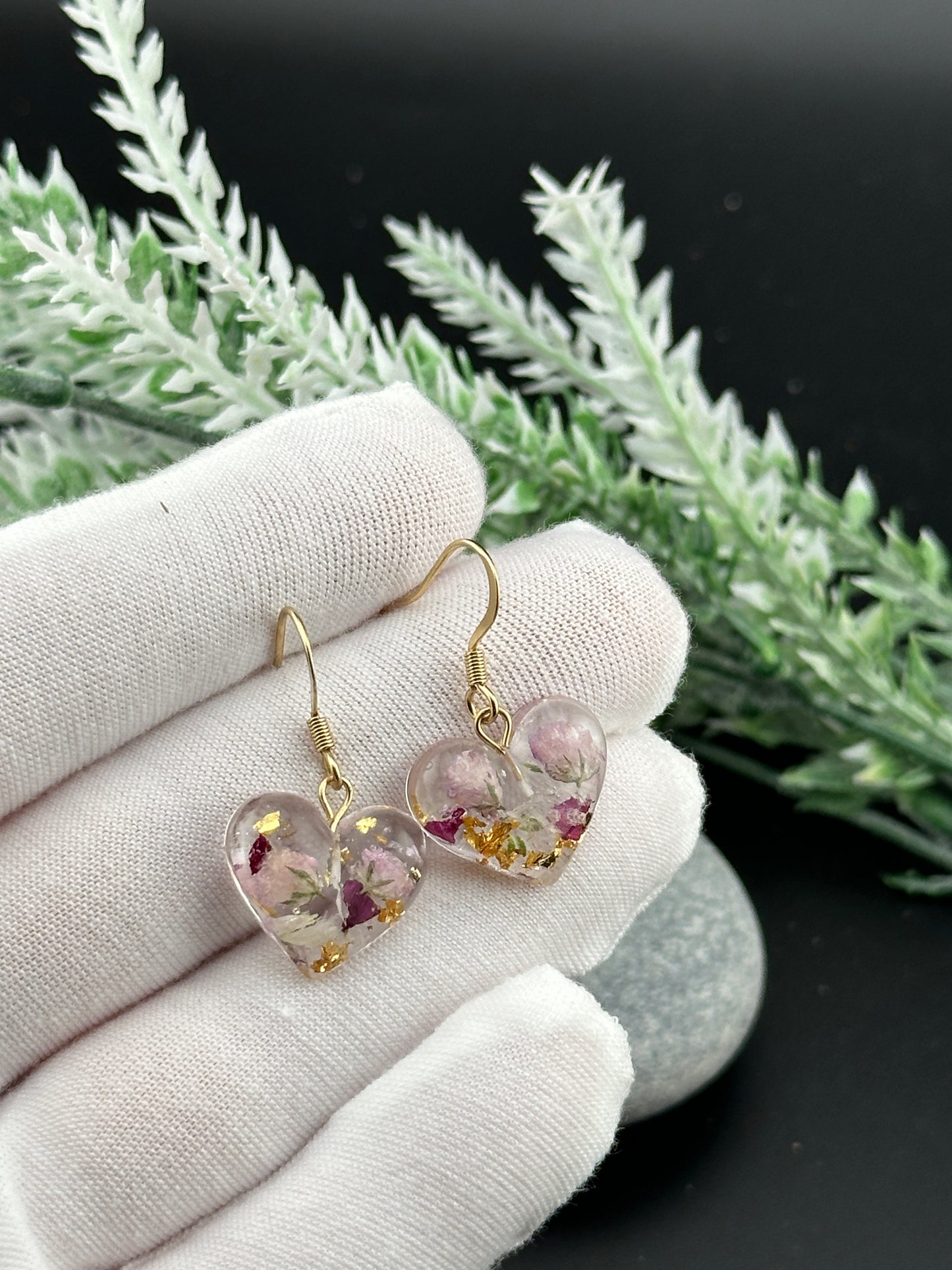 Heart-Shaped Floral Resin Earrings with Real Rose Petals