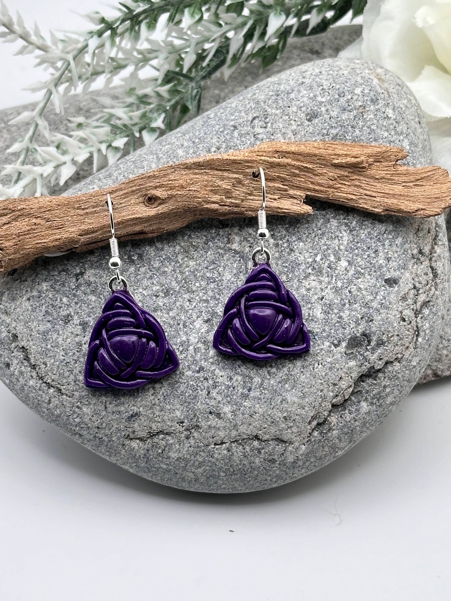 Celtic Trinity Knot, Deep Purple, Polymer Clay Earrings