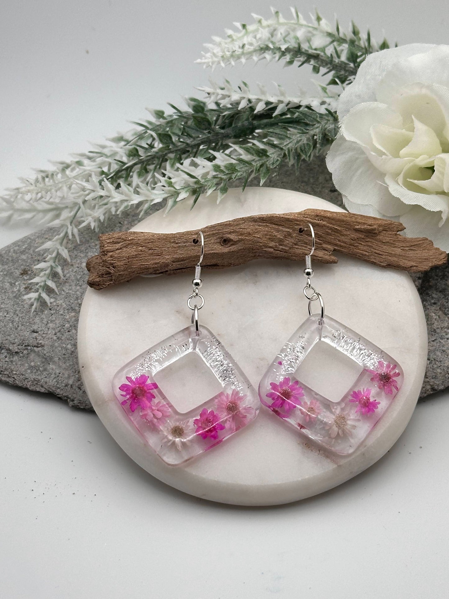 Pink Flower Resin Square Dangle Earrings