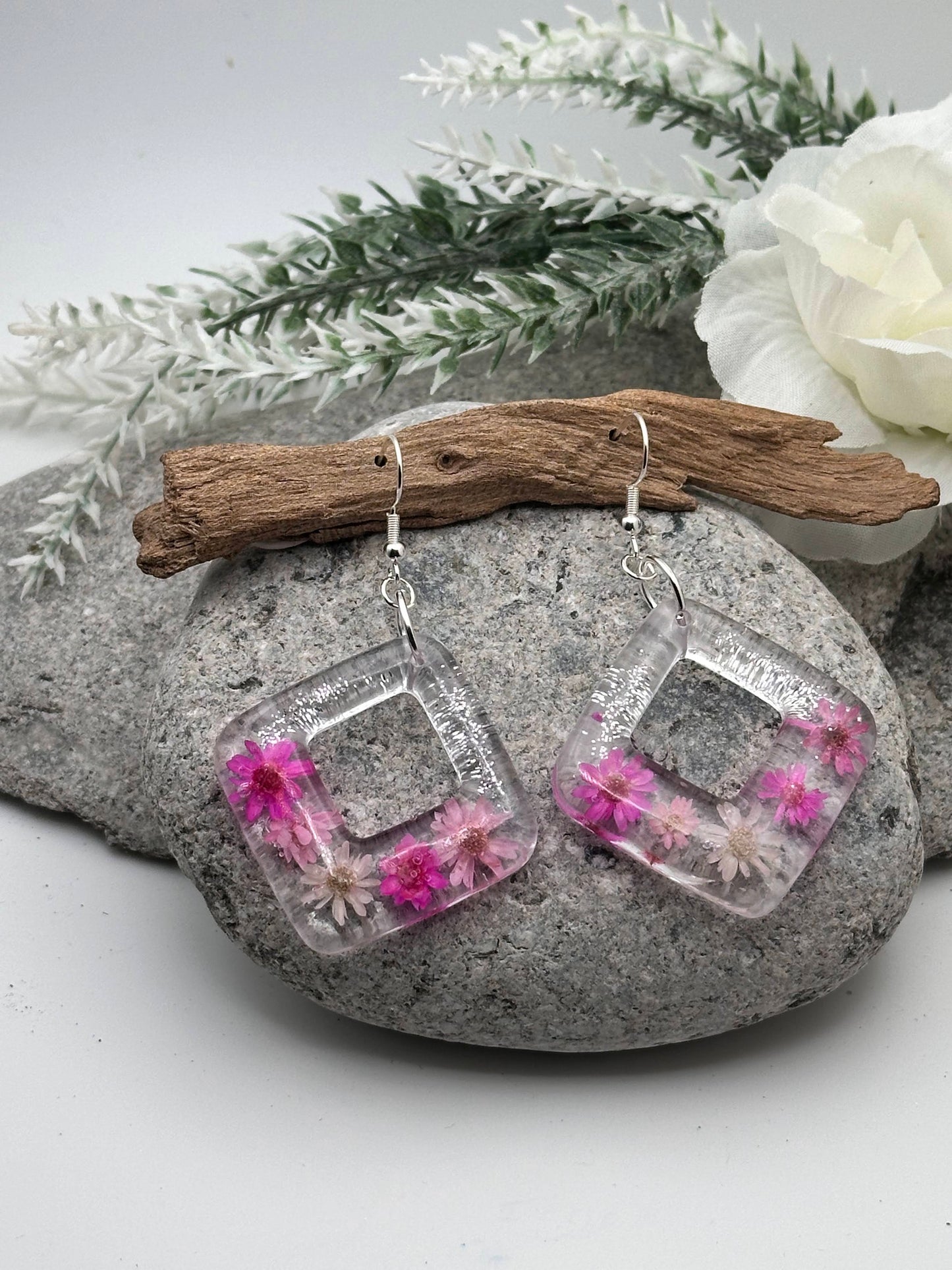 Pink Flower Resin Square Dangle Earrings