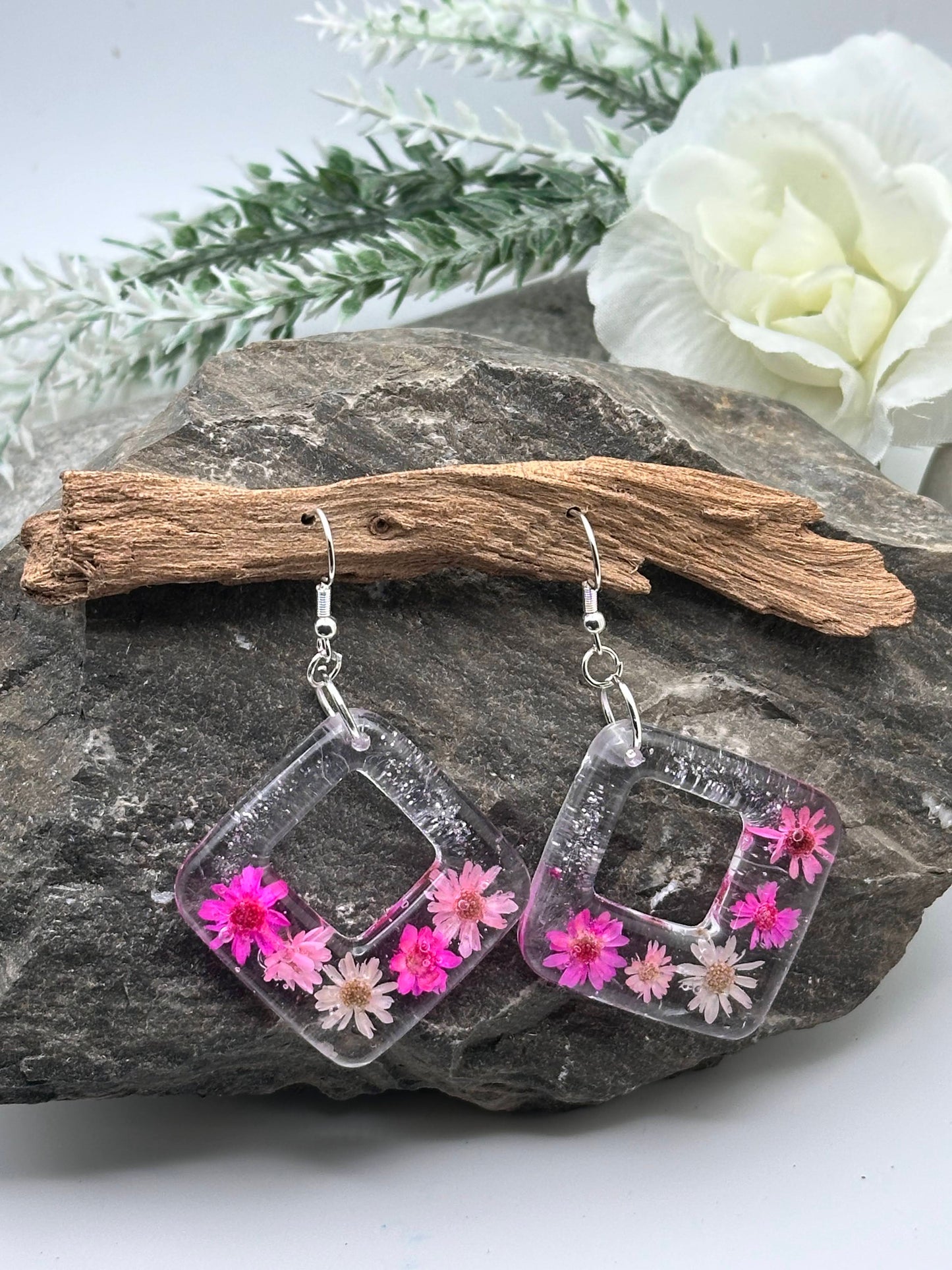 Pink Flower Resin Square Dangle Earrings