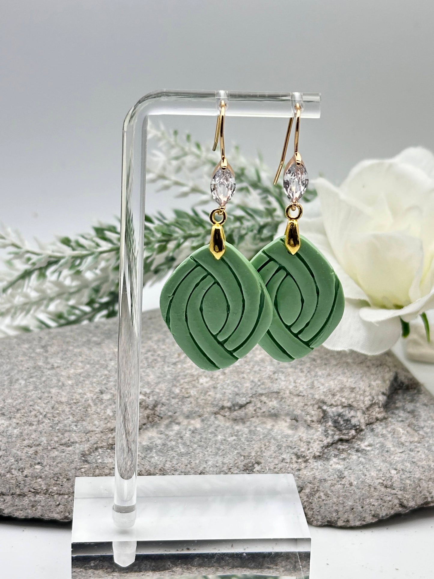 Sage Green, Gold & Cubic Zirconia, Glam Polymer Clay Earrings