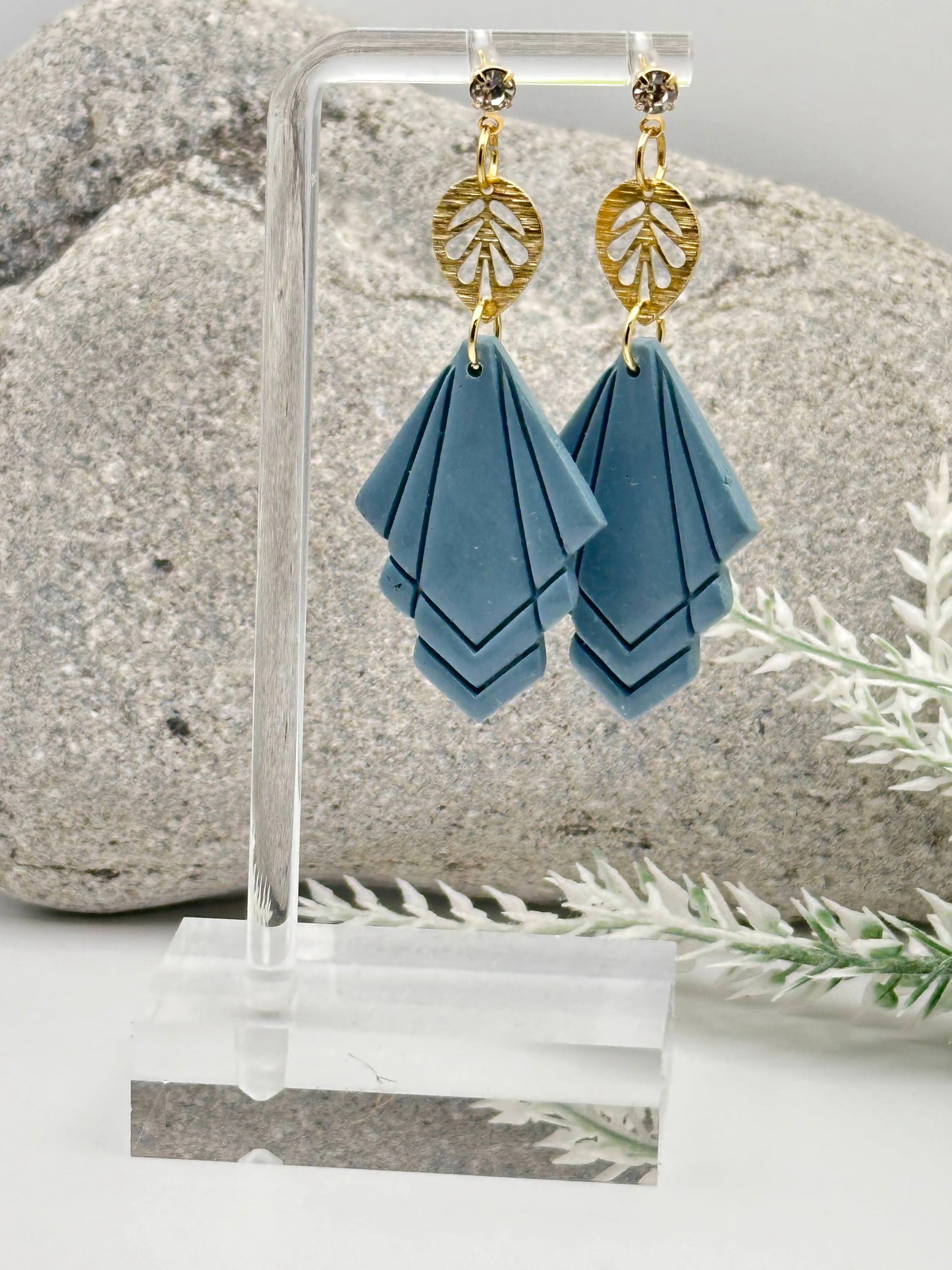 Steel Blue and Gold Leaf, Glam Polymer Clay Earrings