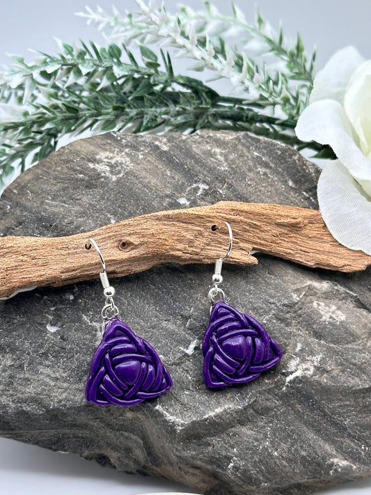 Celtic Trinity Knot, Deep Purple, Polymer Clay Earrings