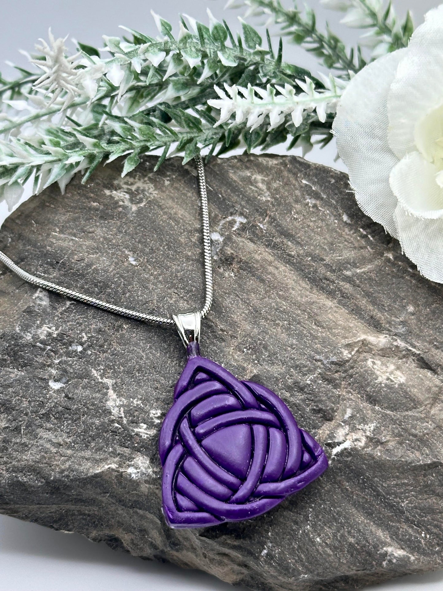 Celtic Trinity Knot, Deep Purple, Polymer Clay Necklace