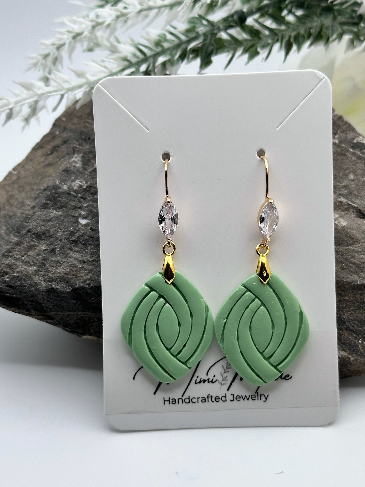 Sage Green, Gold & Cubic Zirconia, Glam Polymer Clay Earrings