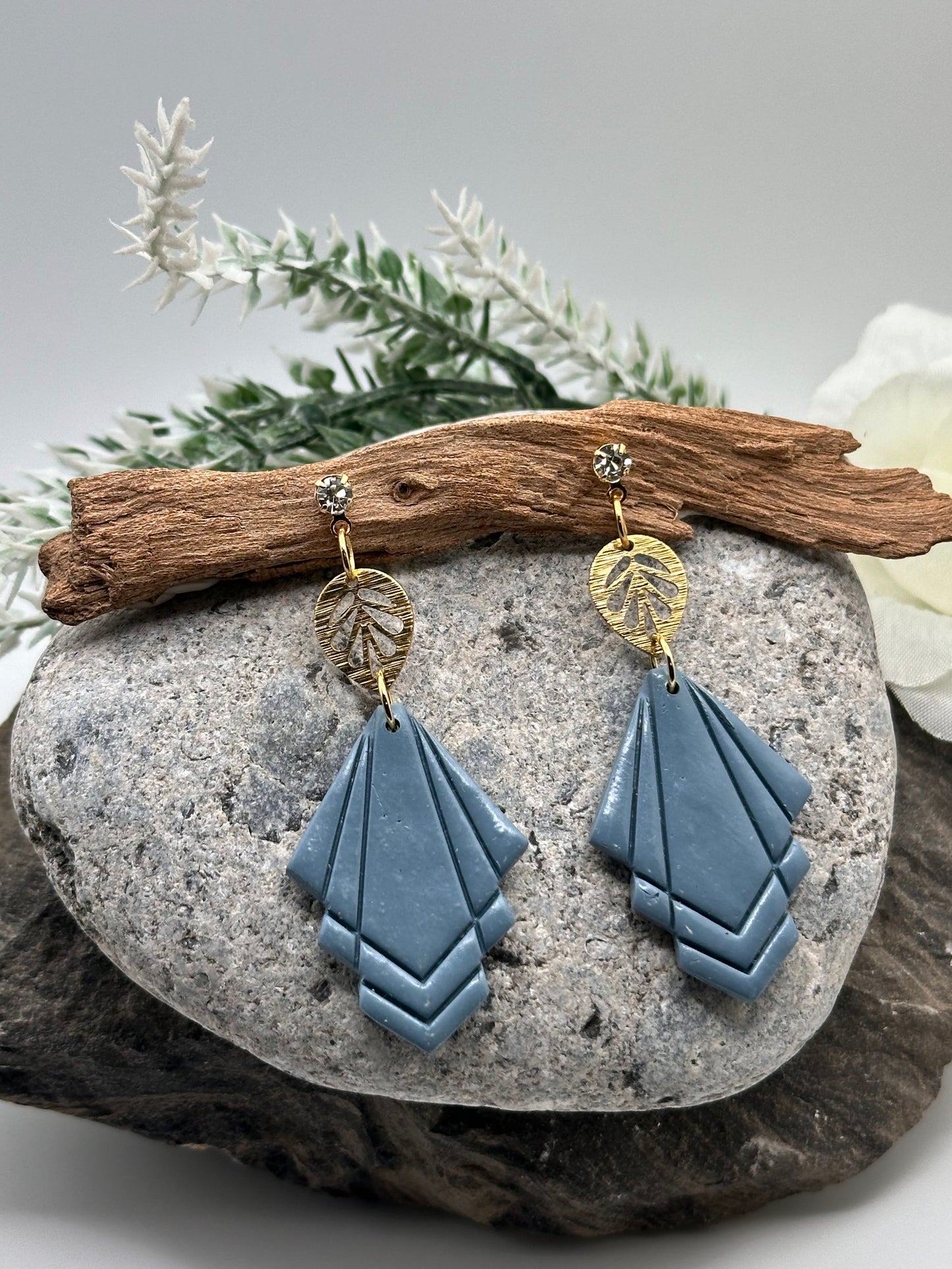 Steel Blue and Gold Leaf, Glam Polymer Clay Earrings