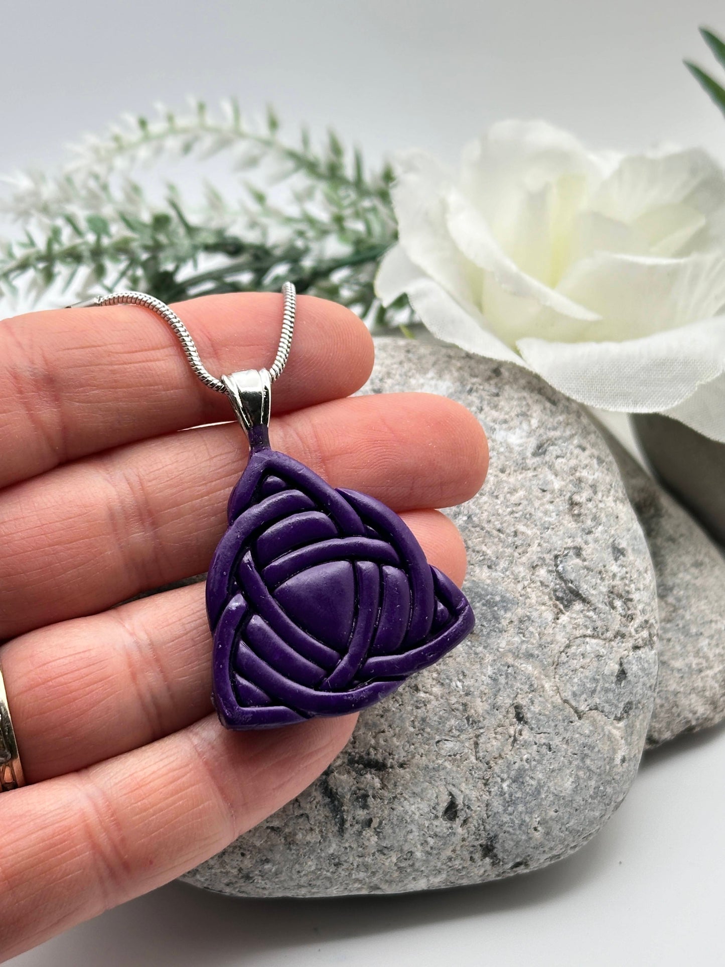 Celtic Trinity Knot, Deep Purple, Polymer Clay Necklace